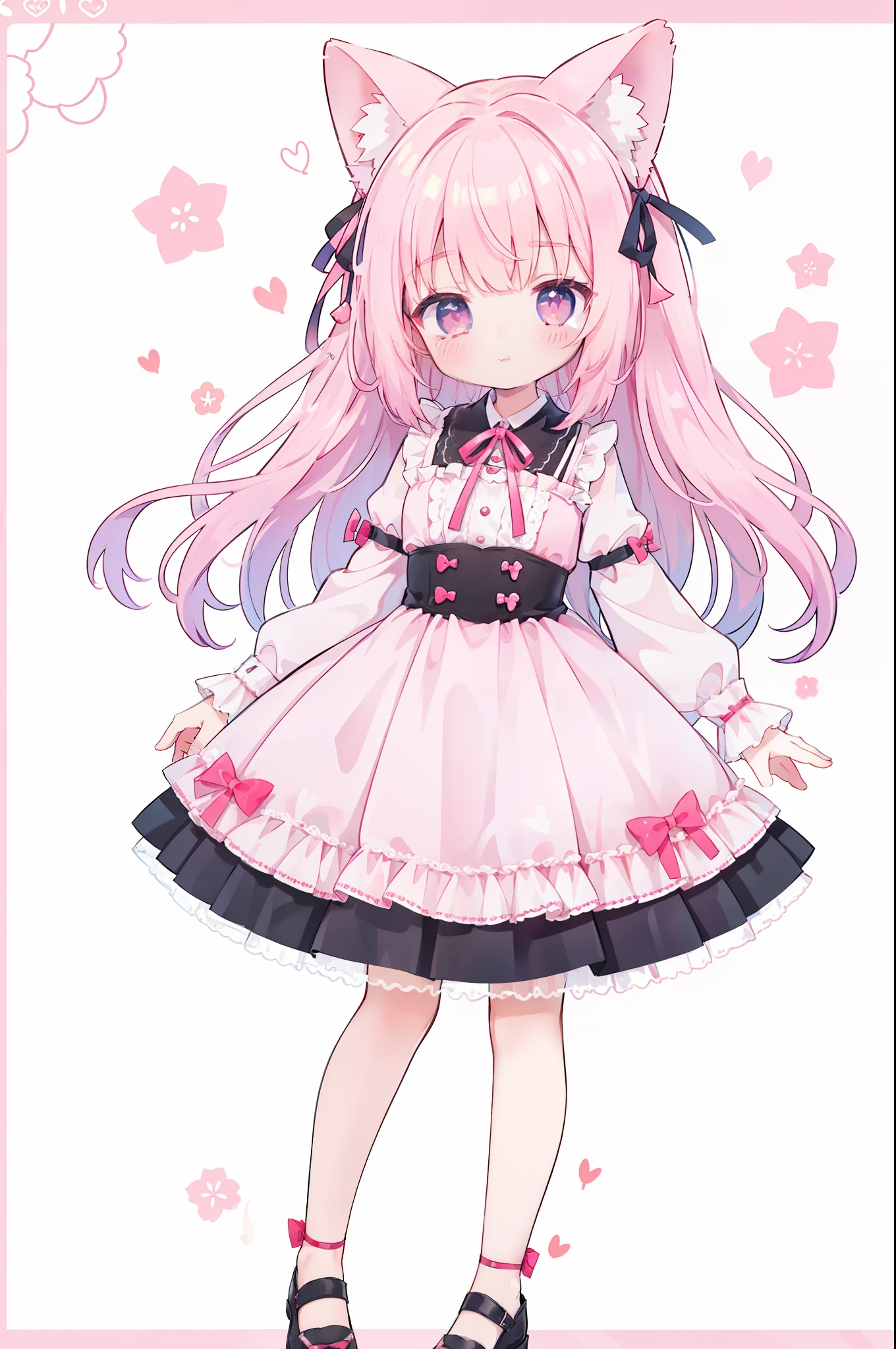 One girl、Short stature、、A pink-haired、Pink eyes、cute little、Straight face、Pop backgrounds、masterpiece、top-quality、Top image quality、8K、bow ribbon、Ribbon on the back、Ribbon Dresses、