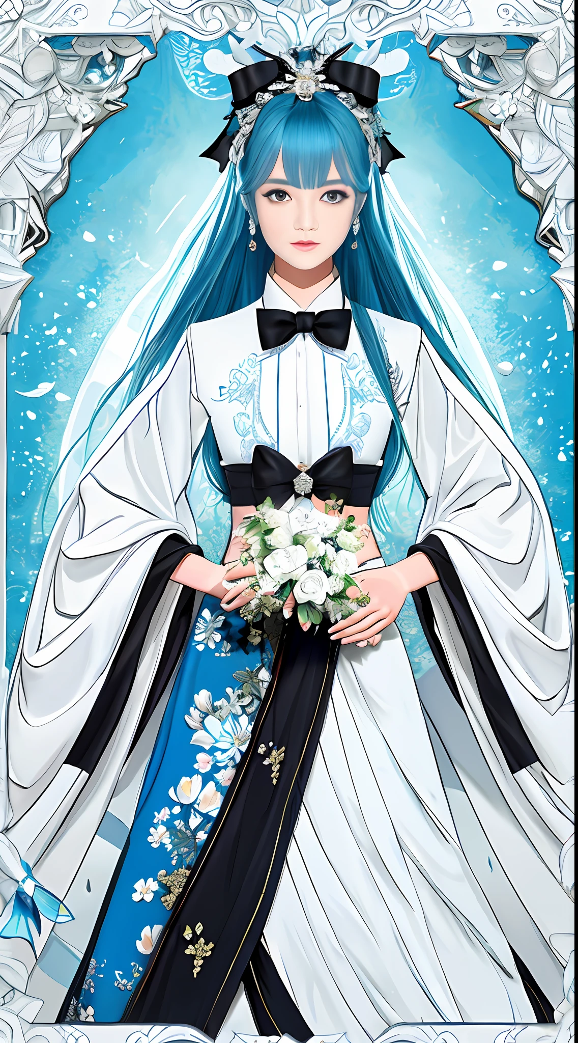 tmasterpiece，delicated，illustratio，{Beautiful Meticulous Girl}，Nice and detailed aura，Sateen，exquisite lighting，Delicate water，beautidful eyes，expressioness，palaces，sky-bluehair，stray hair，Long bangs，eyebrows very，black ribbon，white bowties，upper abdominals，big forehead，dark flowers，Long flowers，Long floral sleeves