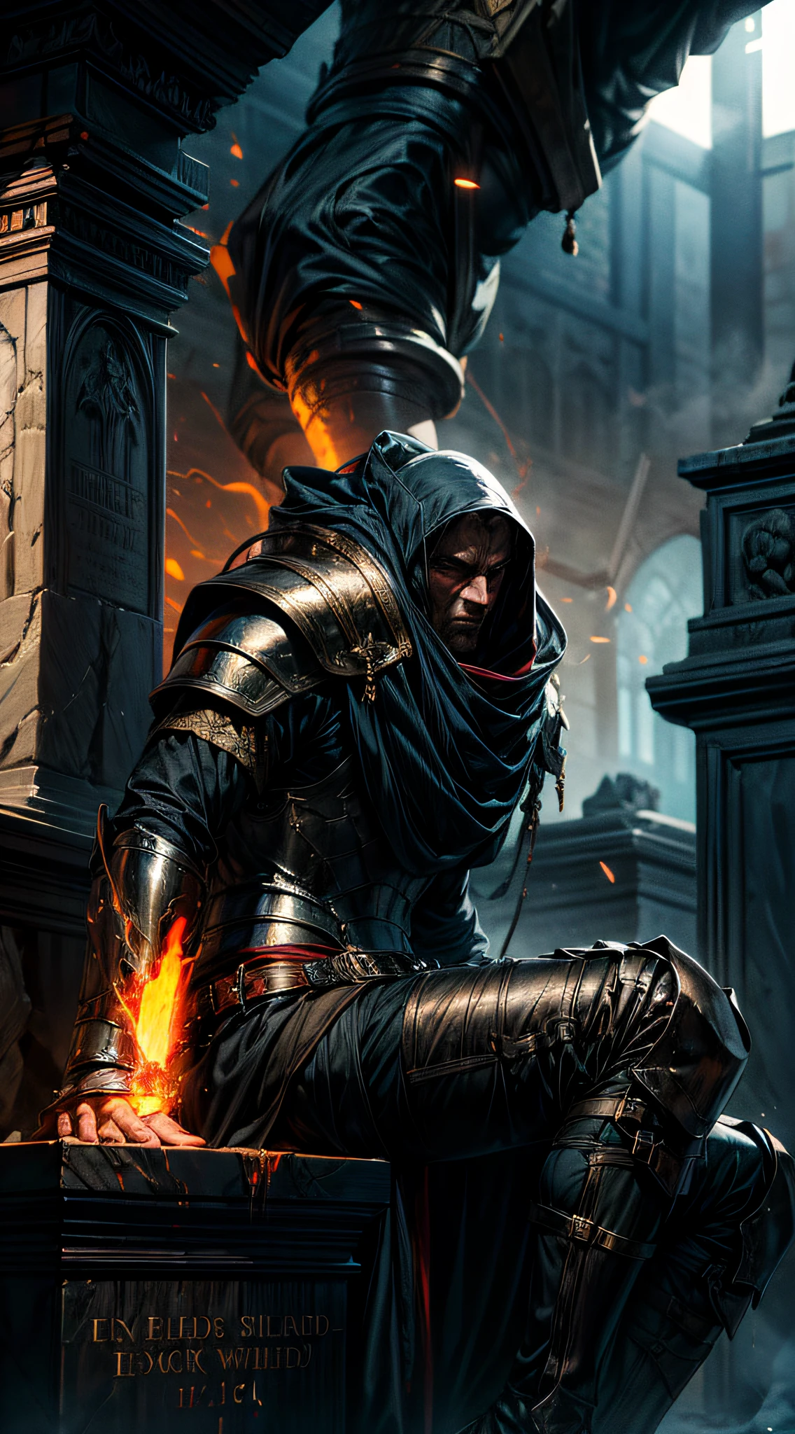 (16k, RAW photos, maximum quality, masterpiece: 1.2) 1man wearing robust black armor and full of carved spells that emit a condensed light the helm with a flaming red light coming out of his eyes an extremely murderous aura, supported with both hands on a very detailed giant sword \excalibur\ with gold and silver a powerful shining blade capable of splitting the earth in half, with writings carved with luminous details, the emanation of absolute power, generating sparks and steam around it passing this gigantic energy to sword wielder, sitting under headstone in cemetery looking at viewer as fog spreads across ground, (focus on sword), extremely detailed image.
