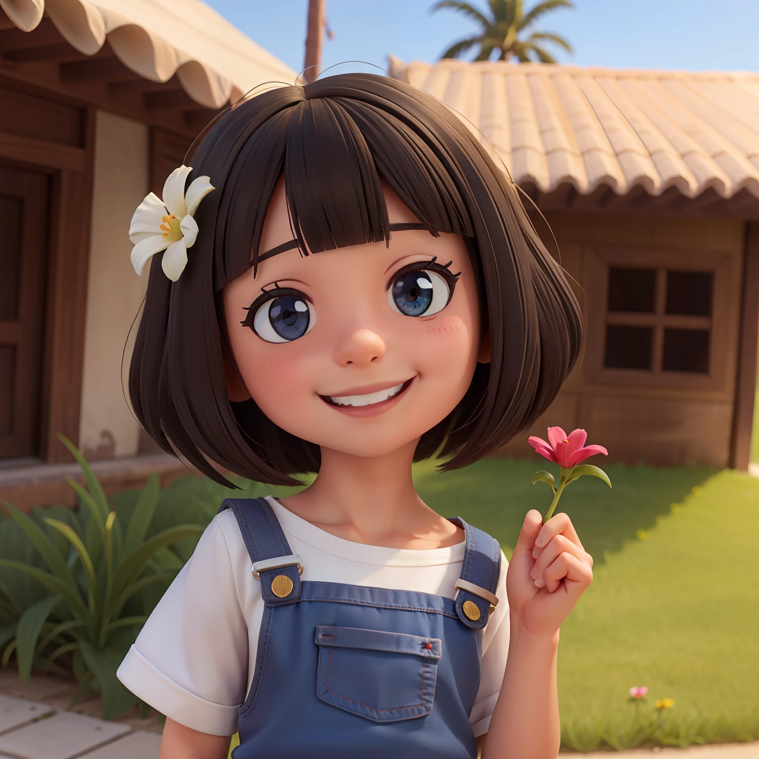  sorrindo com flor no cabelo cacheado