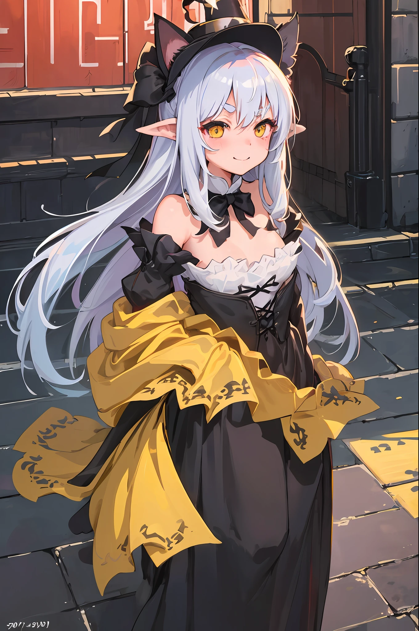 Original Characters、Volume Lighting、Best Shadows、Shallow depth of field、Portrait of an amazingly beautiful girl、Delicate beautiful attractive face with petite and seductive yellow eyes、Messily painted face、Sharp Eyebrows、huge smile、closes mouth、Beautiful medium milk、Black Long Hair、Cat's ears、Blush Eyeshadow、Dark eyelashes、Small top hat、Baggy tuxedo、Slim waist、Long skirt with slits、Colossal tits、Back alleys of London in the 1800s、Brick house、Rusty exterior staircase、Outdoor Unit、((Arms behind the body))、standingn、(top-quality、Superb Detail:1.25)、(独奏:1.3)、Brilliant Colorful Paintings