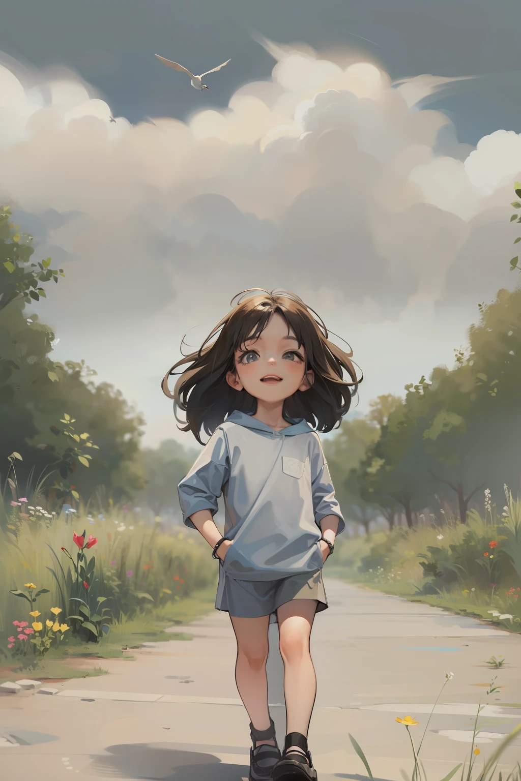 de 4 anos, com cabelo liso e preto abaixo dos ombros, vestida com uma roupa camponesa bem simples, on a day with gray skies in the middle of nature, sorrindo, with poses and facial expressions in the style of children's illustrations, de forma simples, fofa e colorida.