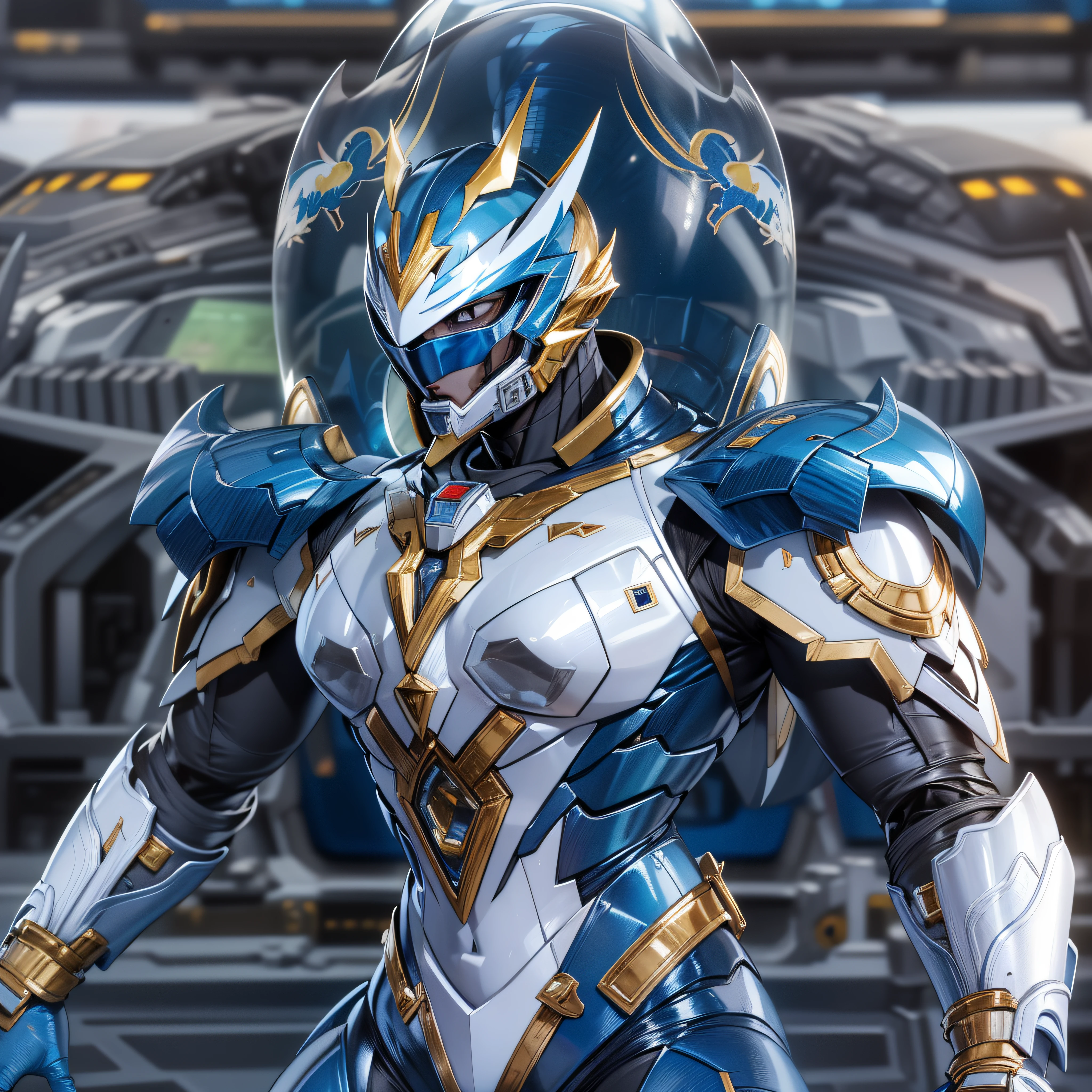1man, masterpiece,best quality, masterpiece, high detail,detailed face,detailed eyes,rendered eyes,perfect eyes,hip lines,ambient occlusion,crisp image,detailed,amazing,8k,8k wallpaper,8k in megazord cockpit background, high detailed skin,high res, ((male shot)), (running), megazord, mecha, (sitting in megazord cockpit) ((solo)), (blue chrome Power Ranger), (((blue chrome armor, blue chrome stegosaurus helmet, blue chrome bodysuit, white belt, black eyes, white gloves))), (((white boots))), gold chrome armor, white gloves, blue chrome bodysuit, vambraces, photo-realistic, ultra-realistic, unreal engine,