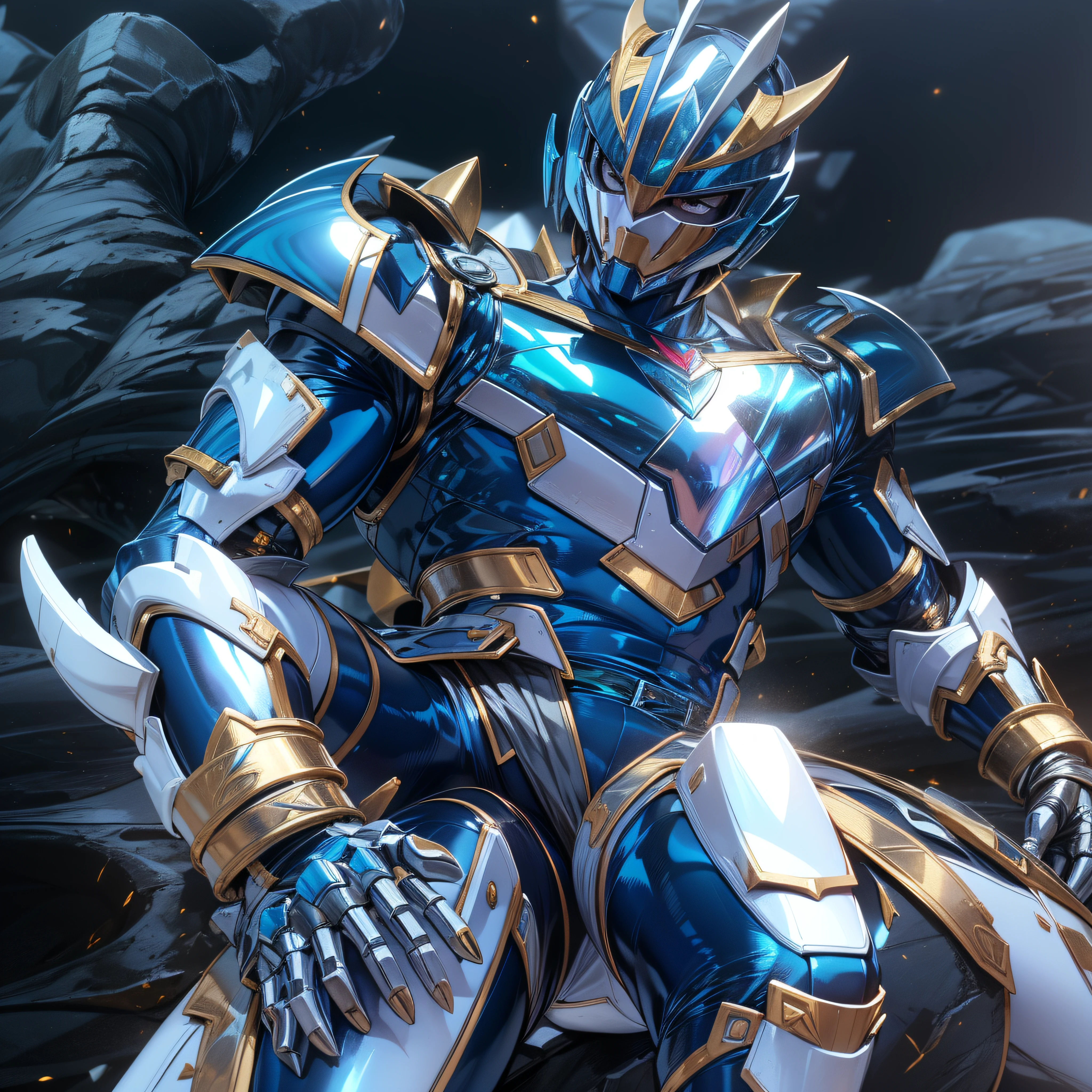 1man, masterpiece,best quality, masterpiece, high detail,detailed face,detailed eyes,rendered eyes,perfect eyes,hip lines,ambient occlusion,crisp image,detailed,amazing,8k,8k wallpaper,8k in megazord cockpit background, high detailed skin,high res, ((male shot)), (running), megazord, mecha, (sitting in megazord cockpit) ((solo)), (blue chrome Power Ranger), (((blue chrome armor, blue chrome stegosaurus helmet, blue chrome bodysuit, white belt, black eyes, white gloves))), (((white boots))), gold chrome armor, white gloves, blue chrome bodysuit, vambraces, photo-realistic, ultra-realistic, unreal engine,