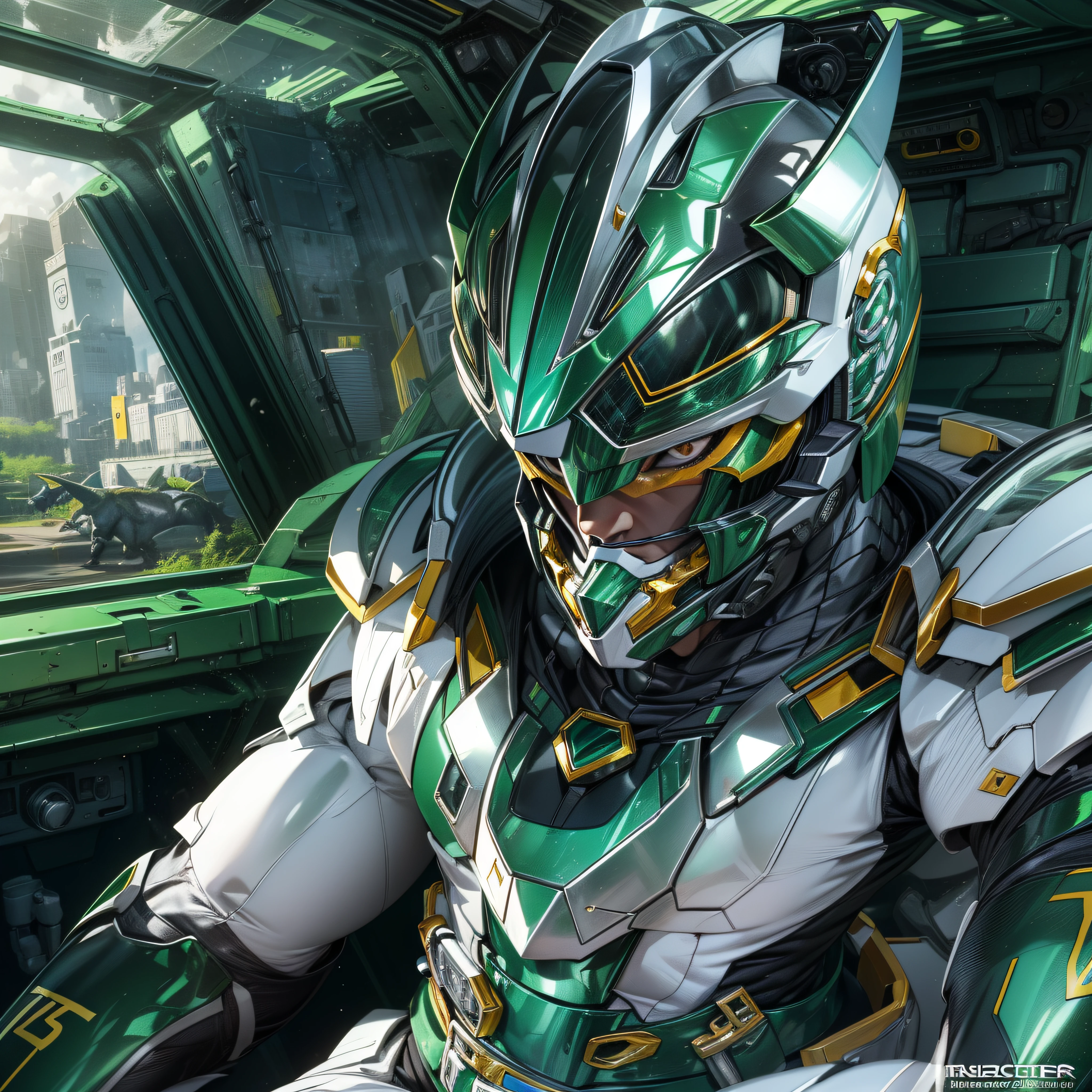 1man, masterpiece,best quality, masterpiece, high detail,detailed face,detailed eyes,rendered eyes,perfect eyes,hip lines,ambient occlusion,crisp image,detailed,amazing,8k,8k wallpaper,8k in megazord cockpit background, high detailed skin,high res, ((male shot)), (running), green megazord, mecha, (sitting in megazord cockpit) ((solo)), (Green chrome Power Ranger), (((green chrome armor, green chrome Triceratops helmet, green chrome bodysuit, white belt, black eyes, white gloves))), (((white boots))), gold chrome armor, white gloves, green chrome bodysuit, vambraces, photo-realistic, ultra-realistic, unreal engine,
