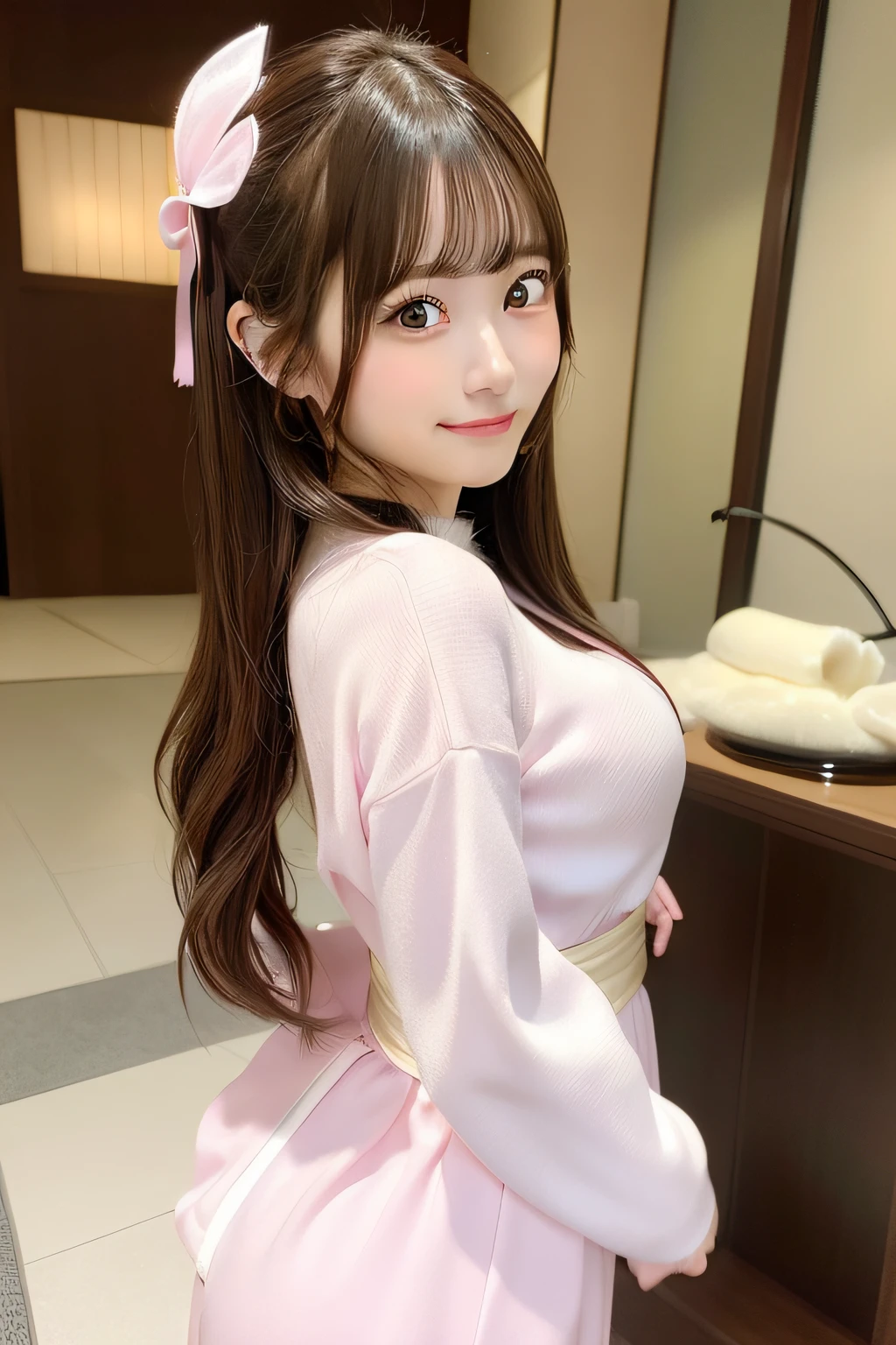 japanaese girl、 girl、(Beautiful long hair)、((Round face))、(a baby face) 、Middle hair、Brown hair、forelock、Brown-eyed、((perfect body type))、Very good style。((Composition from below))、(focus on chest)、(((Be sure to capture the entire face)))。(Slightly Smiled、Smile:1.4)、Transparency、The sheen、(((Japan Idol Costumes)))、Fluffy costumes、Pink costume thin pubic hair。beauty legs、big breasts thin waist、kawaii hair style、Beautiful butt not too big、Perfect body、fully body photo Perfect number of legs、Perfect fingers{{{Only 5 fingers}}}、