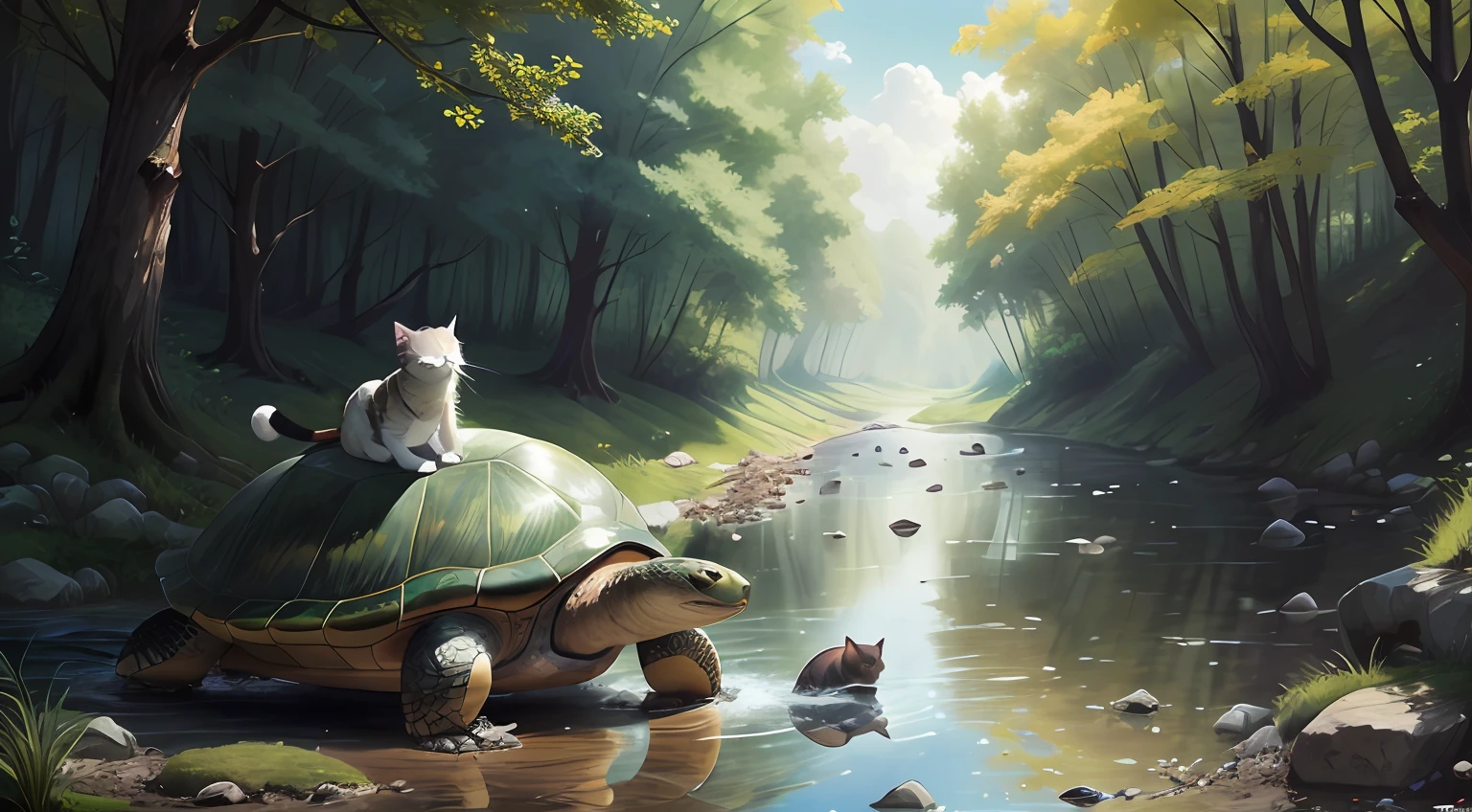 there is a cat riding on top of a turtle in the woods, as an anthropomorphic turtle, anthropomorphic turtle hero, realistic fantasy illustration, anthropomorphic turtle, peaceful animals, realistic fantasy painting, ultra realistic illustration, by Alexander Kucharsky, realistic illustration, amazing wallpaper, by Kerembeyit, ghibli tom bagshaw