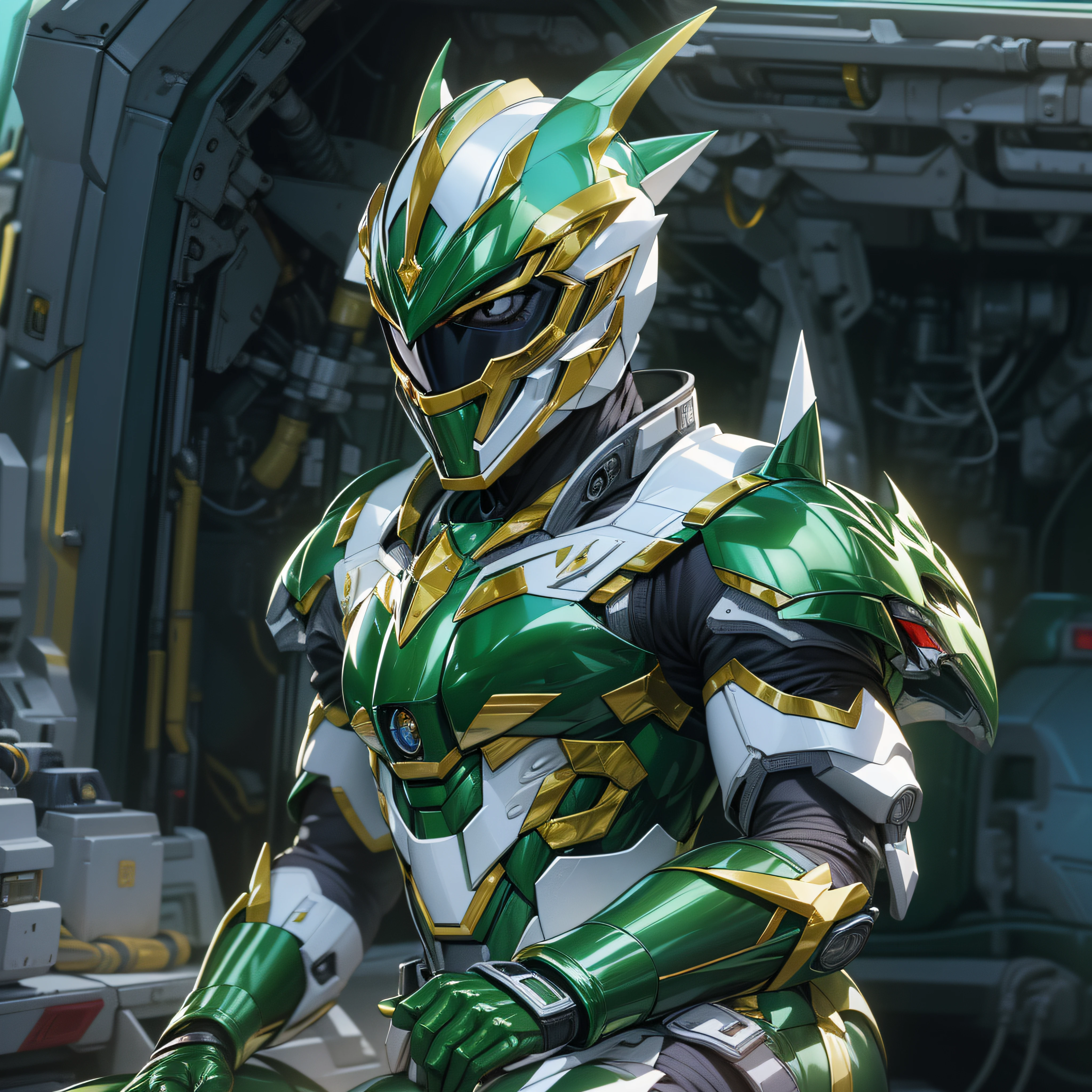 1man, masterpiece,best quality, masterpiece, high detail,detailed face,detailed eyes,rendered eyes,perfect eyes,hip lines,ambient occlusion,crisp image,detailed,amazing,8k,8k wallpaper,8k in megazord cockpit background, high detailed skin,high res, ((male shot)), (running), green megazord, mecha, (sitting in megazord cockpit) ((solo)), (Green chrome Power Ranger), (((green chrome armor, green chrome Triceratops helmet, green chrome bodysuit, white belt, black eyes, white gloves))), (((white boots))), gold chrome armor, white gloves, green chrome bodysuit, vambraces, photo-realistic, ultra-realistic, unreal engine,