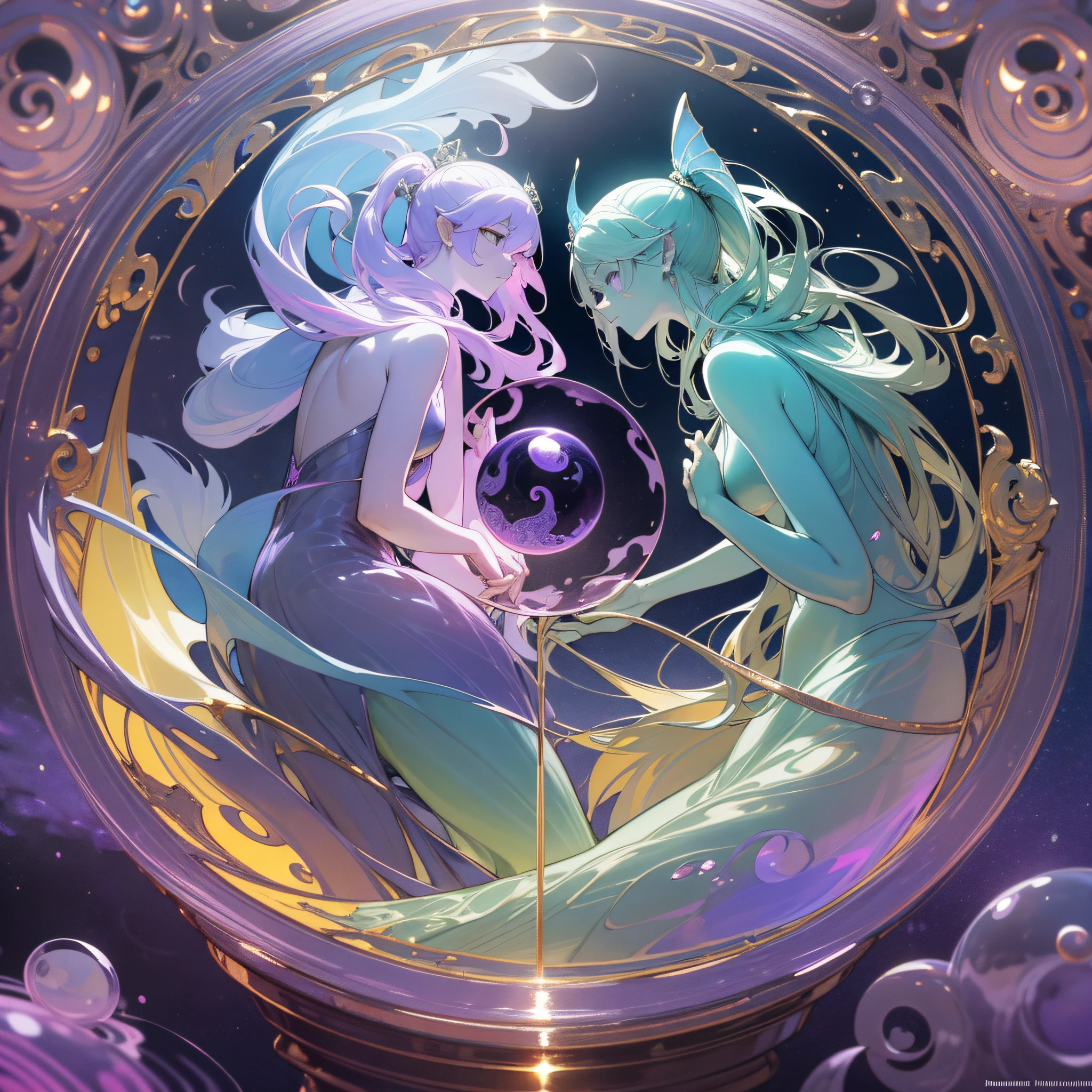 (maximum quality, exquisite design, better lighting, better shading), statue of 2 mermaids in the form of Yin Yang, inside a crystal ball, under the moon and the sun, detailed and realistic details, intricate, carved in purple and pink marble, shining with moonlight and sunlight, a perfect balance between light and dark, mystical and serene.