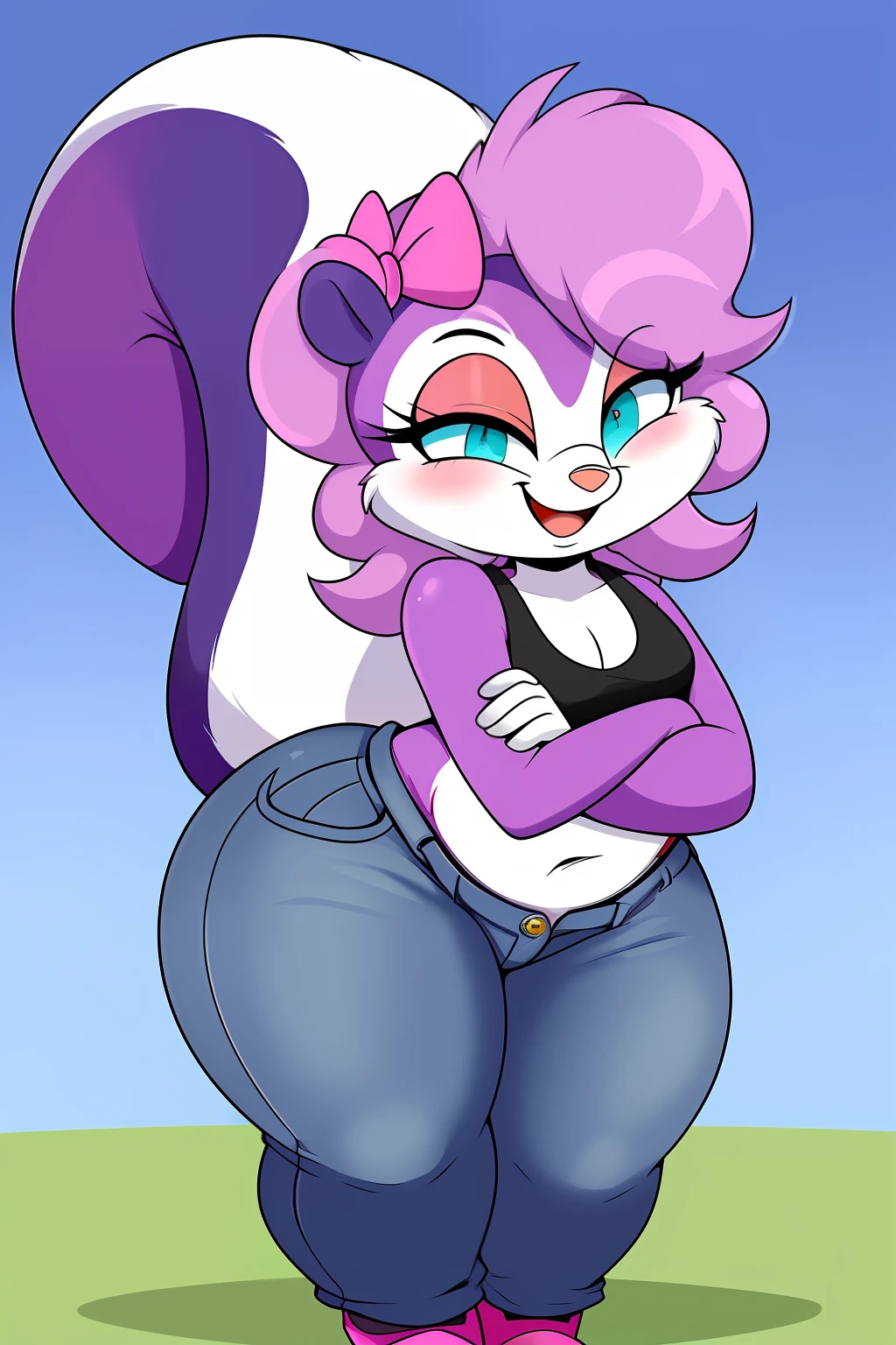 carregado em e621, solo feminino ((Fifi la Fume)) com ((olhos claros)), (Cute female skunk), (seios pequenos), (blush), (sorriso), (cauda grande), (pink bow), (Denim Jeans Pants), (botas altas), (jaqueta pequena), (pele roxa), (barriga branca), (perspectiva em primeira pessoa), BREAK. (8k), ((2 d animation)), (Detailed lighting), (pele deta, ((catedral)), (((olhando para o espectador)))), (((vista frontal))), [retroiluminação], ((profundidade de campo))), (suggestive content), [foco nítido], ((obra-prima)), BREAK