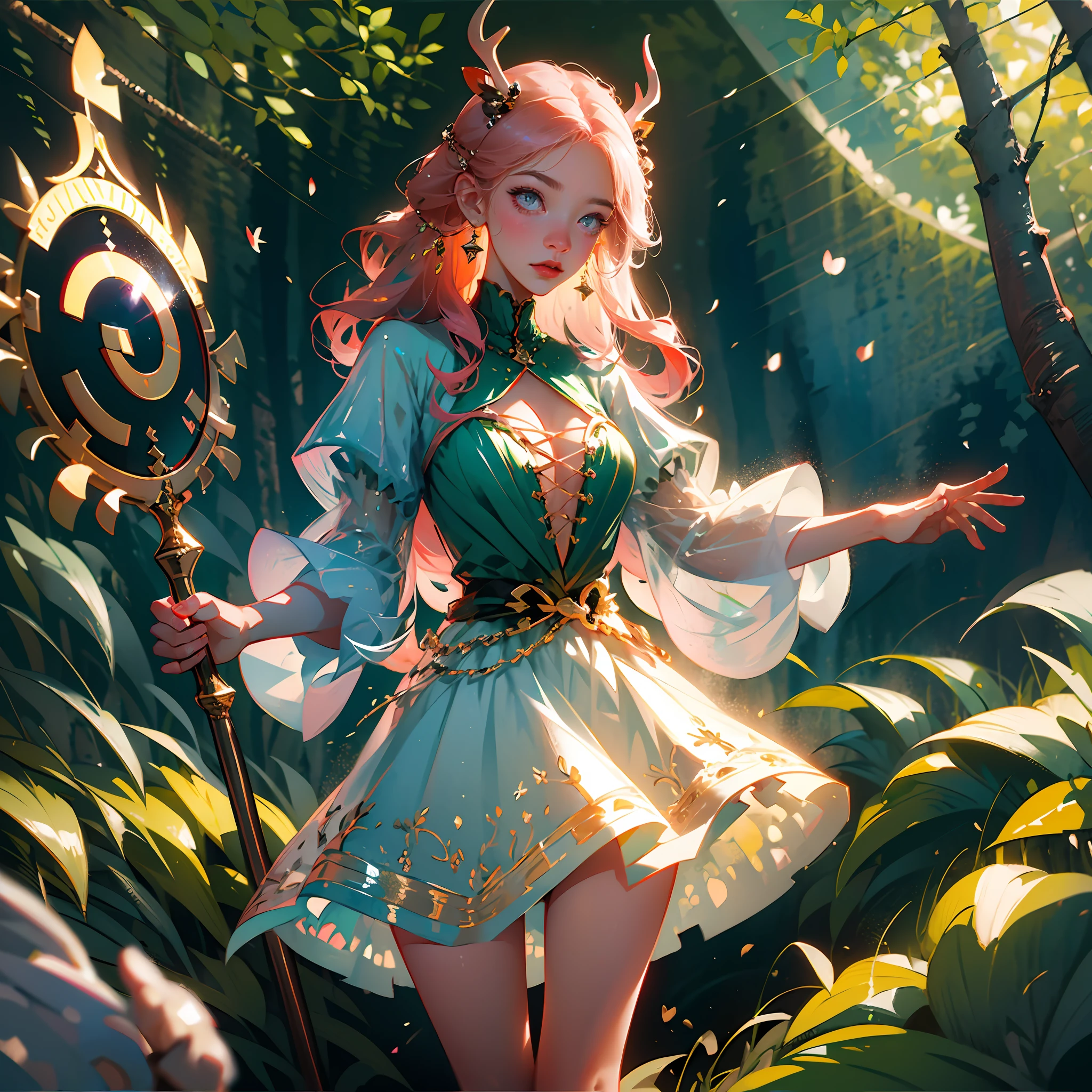 (best quality, masterpiece), 1girl, pose, particle, wind, flower, upper body, simple background, looking at the viewer, galaxy, perfect eyes, sexy lingerie, boldness, potato garters, hand-drawn sketch illustration of a beautiful dnd ifreet djinn girl with hot pink hair and golden stretch marks, waist-length hair, golden eyes, rosy cheeks, natural red lips, long eyelashes, deer antlers, flowers in the hair, lacy white dress, with ruffles, drooping sleeves, staff, blue skin, illustration, watercolor ink sketch, full body, bow and arrow pose, in the forest, firepower in hand. --auto --s2