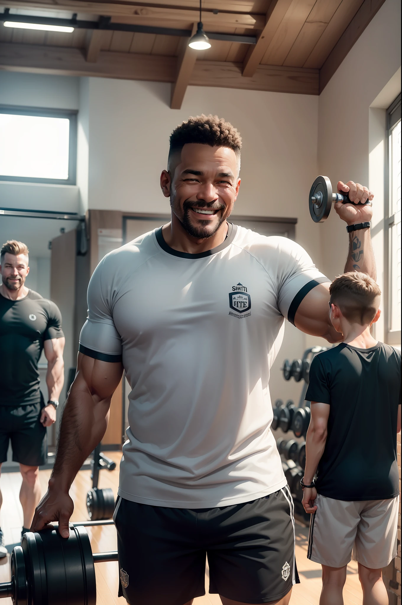 Father (Mr. Smith): A sturdy yet friendly man wearing a sporty T-shirt and shorts. He has an encouraging smile as he helps his son at the gym.
Son (Jack): A cheerful and determined boy, wearing a T-shirt and gym shorts. He is full of enthusiasm as he follows in his father's footsteps.