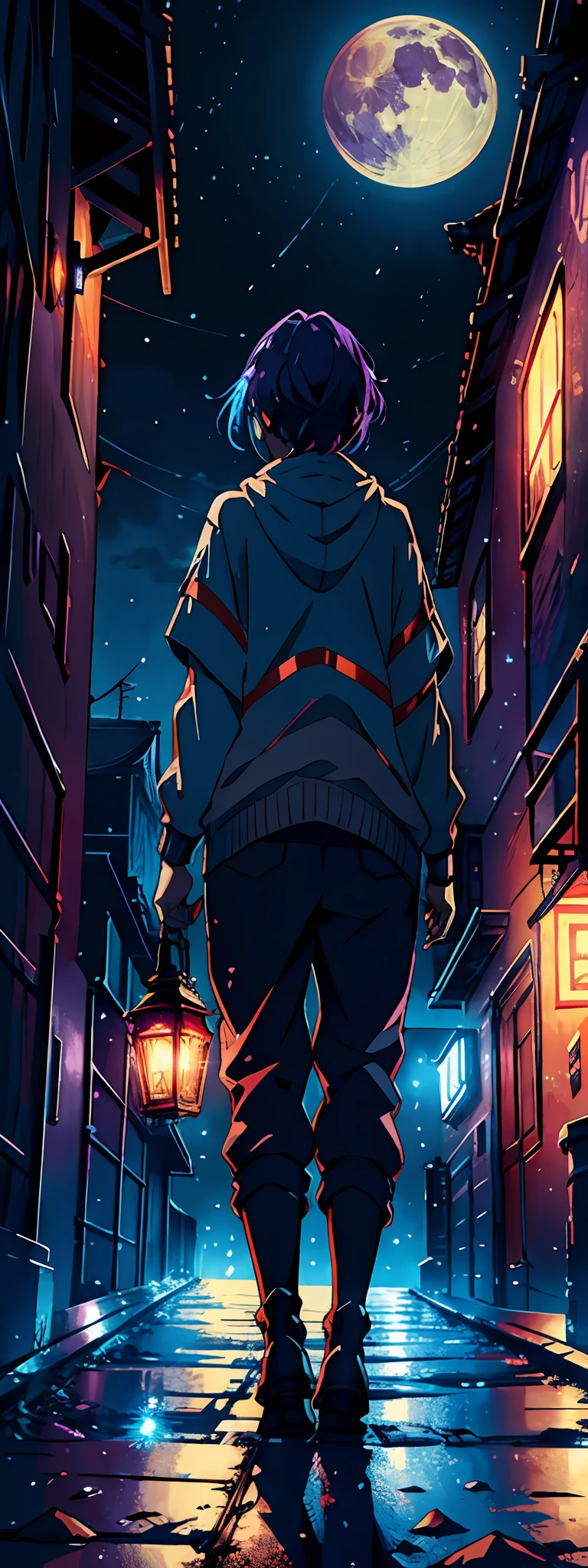 Vast landscape photos、（View from below with a view of the sky above and the metropolis below）、Girl standing in a back alley and looking up、（fullmoon：1.2）、（shooting stars：0.9）、（nebulas：1.3）、Distant Buildings、Distant Lighting BREAK Production Art、(Warm color Light Source:1.2)、(fireflys:1.2)、abajour、Purple and orange、intricate detailes、Volume Lighting BREAK (​masterpiece:1.2)、(top-quality)、4k、ultra-detailliert、（The composition of the movement：1.4）、Highly detailed and colorful details（Irridescent color：1.2）、（glowing lighting、Atmospheric illumination）、dream-like、Magical、（独奏：1.2）