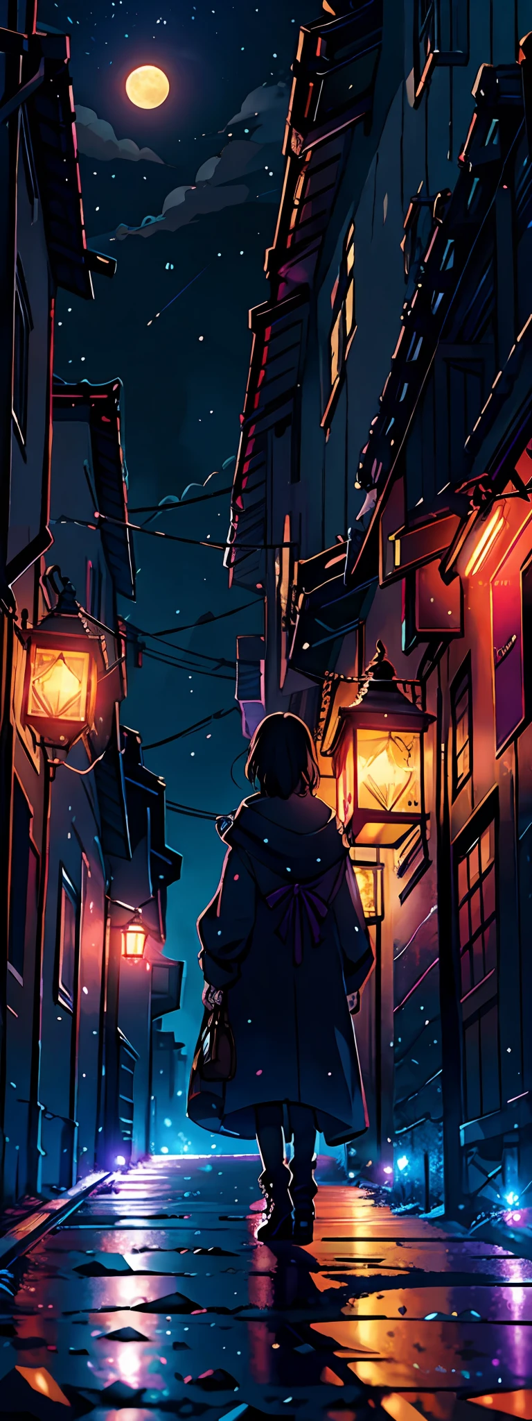 Vast landscape photos、(View from below with a view of the sky above and the metropolis below)、Girl standing in a back alley and looking up、(fullmoon:1.2)、(shooting stars:0.9)、(nebulas:1.3)、Distant Buildings、Distant Lighting BREAK Production Art、(Warm color Light Source:1.2)、(fireflys:1.2)、abajour、Purple and orange、intricate detailes、Volume Lighting BREAK (masterpiece:1.2)、(top-quality)、4k、ultra-detailliert、(The composition of the movement:1.4)、Highly detailed and colorful details(Irridescent color:1.2)、(glowing lighting、Atmospheric illumination)、dream-like、Magical、(独奏:1.2)