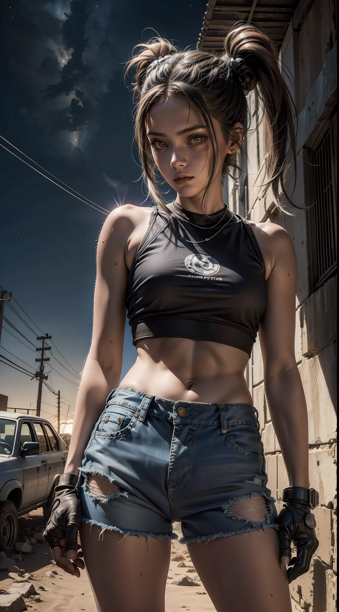 Uma garota loira com cabelo pigtails de 18 anos, shorts e jaqueta jeans rasgado, (dentro de um meka) armado e atirando, Post-apocalyptic background in the night desert, Bottom-up angular front camera