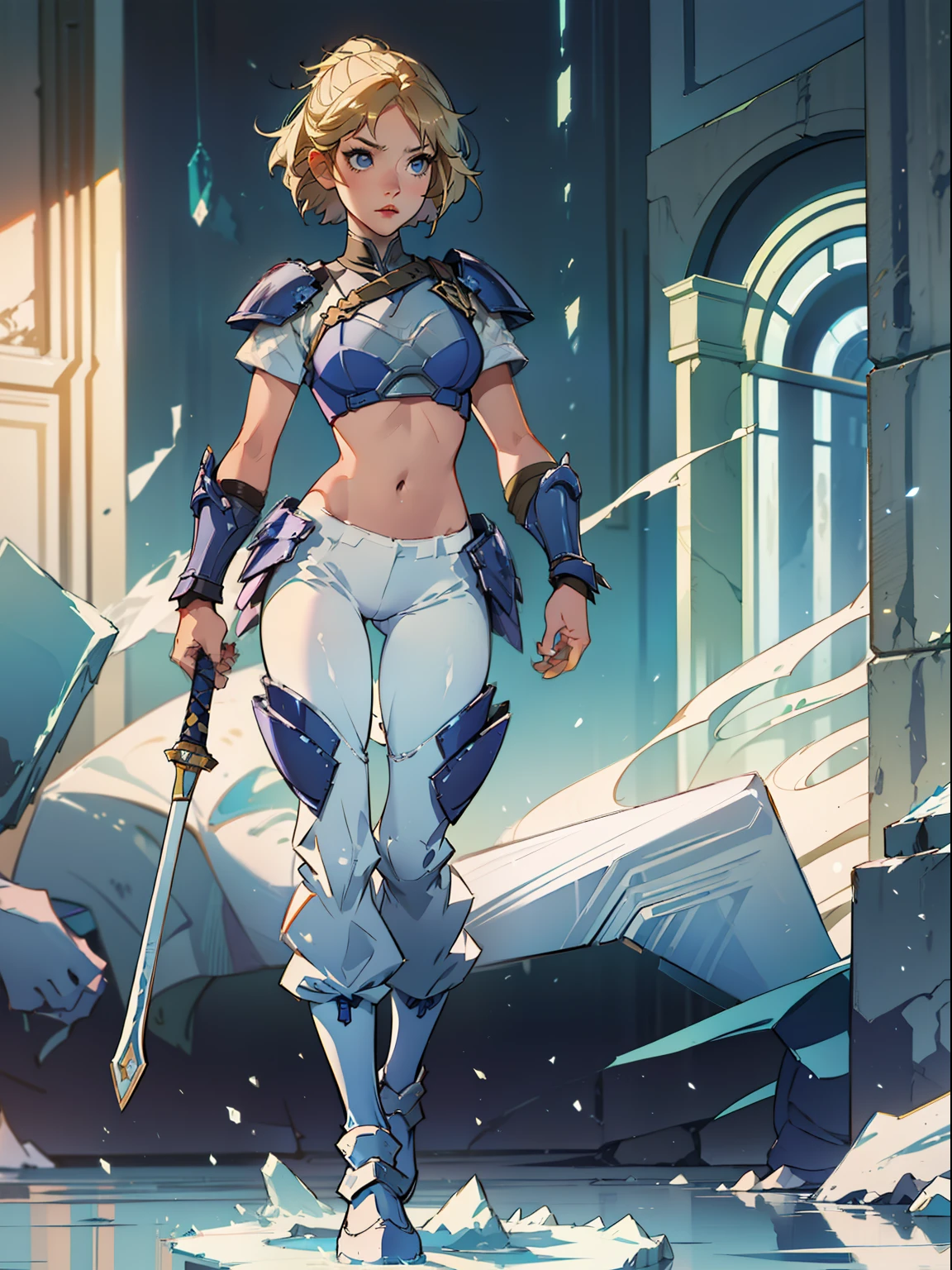 masterpiece, best quality, Agrias, simple armor with neckline, short blonde hair, assasina, white shoe, ice, fantasy, solo, pants, ice effects, Holding dagger, standing, perfect hands, perfect fingers, highleg tights,using anbu mascarat,full body,
