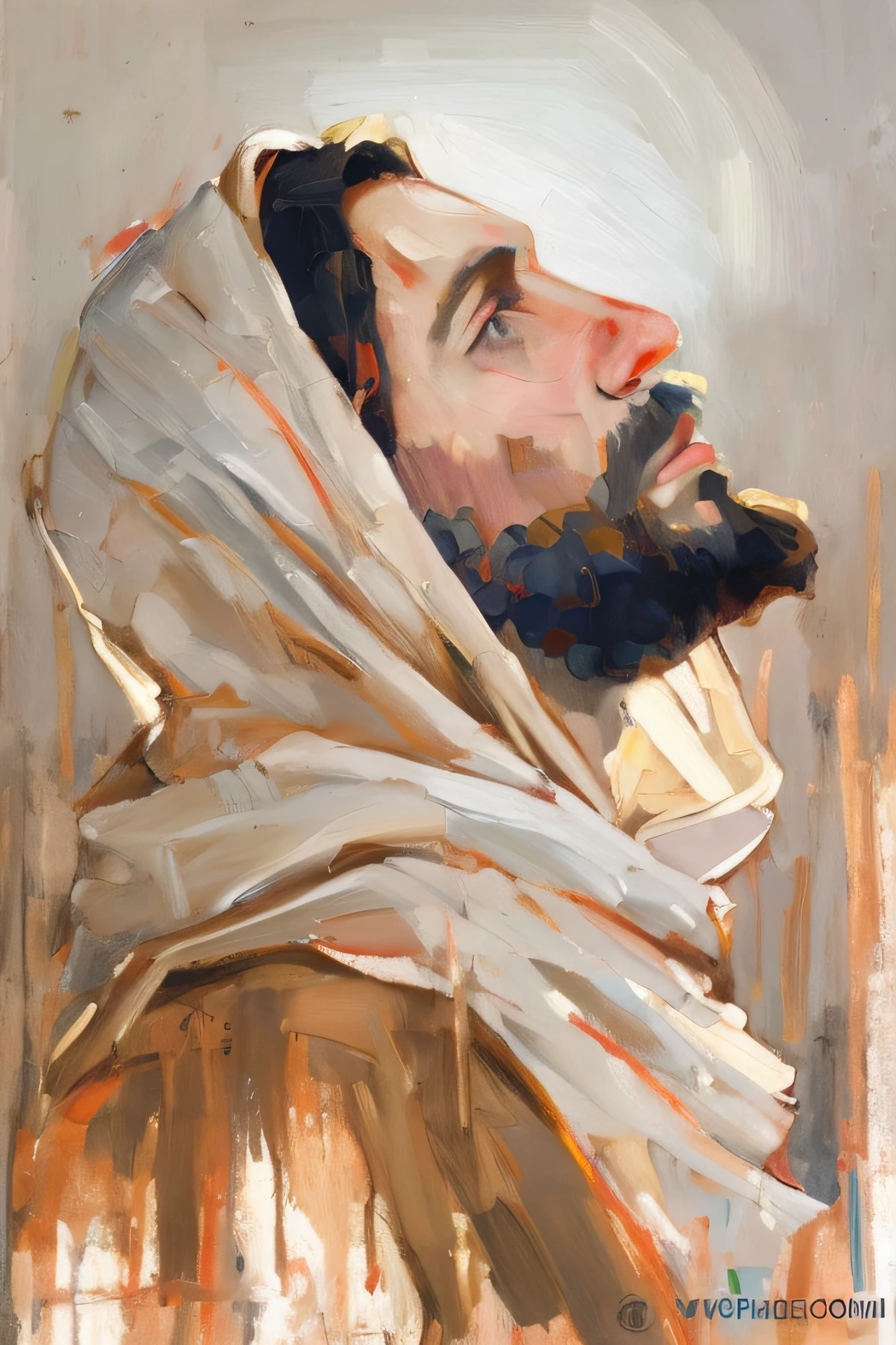 a painting of a man with a beard and a white scarf, prophetic art, his mind contemplating eternity, side profile painted portrait, artist unknown, painting of a man, detailed paintings, an arab standing watching over, side - profile painted portrait, inspired by Duccio, inspired by Moses van Uyttenbroeck, master study, an expressive oil painting, portrait of jesus christ