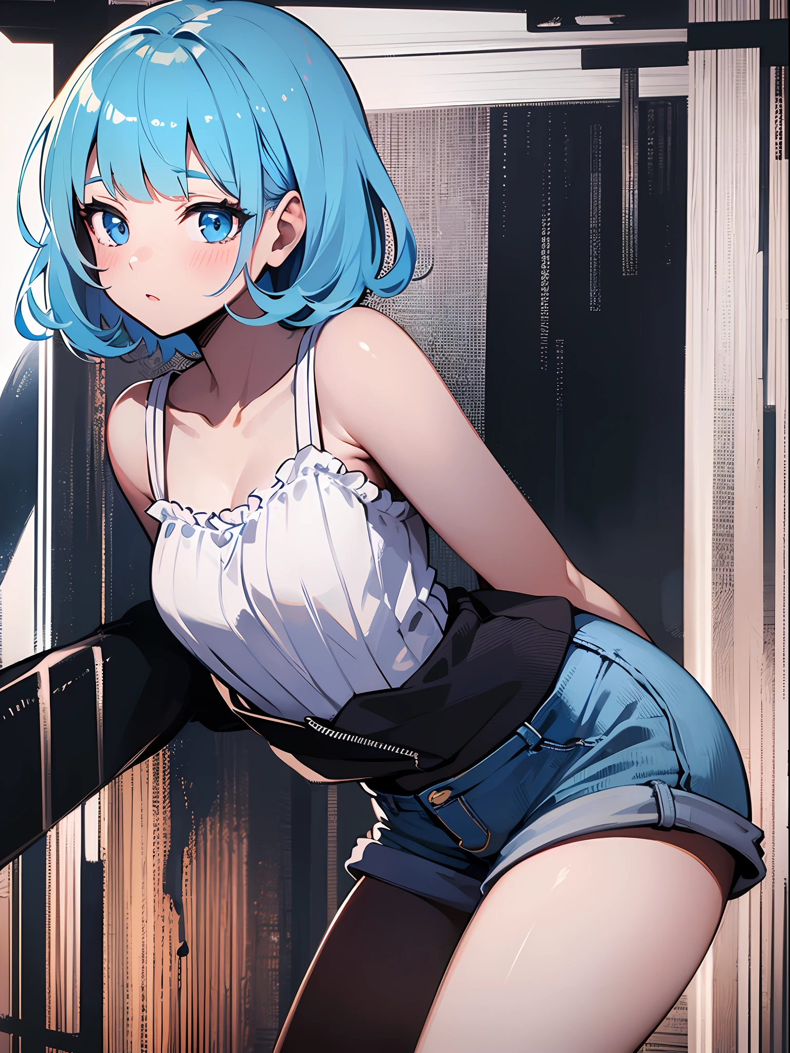 (masterpiece:1.3), (best quality:1.3), high resolution,
couboy shot,
leaning forward, body facing forward,
(one cute girl:1.3), solo,
white skin, small Breast, eight-headed person,
light blue hair, (bobbed hair:1.2), (short hair:1.1), (blunt bangs:1.2), beautiful hair, blue eyes, beautiful detailed eyes,
blush, heart, surprised,
casual clothes, short pants, camisole, frill,
(white background:1.2),
shadowlighting,