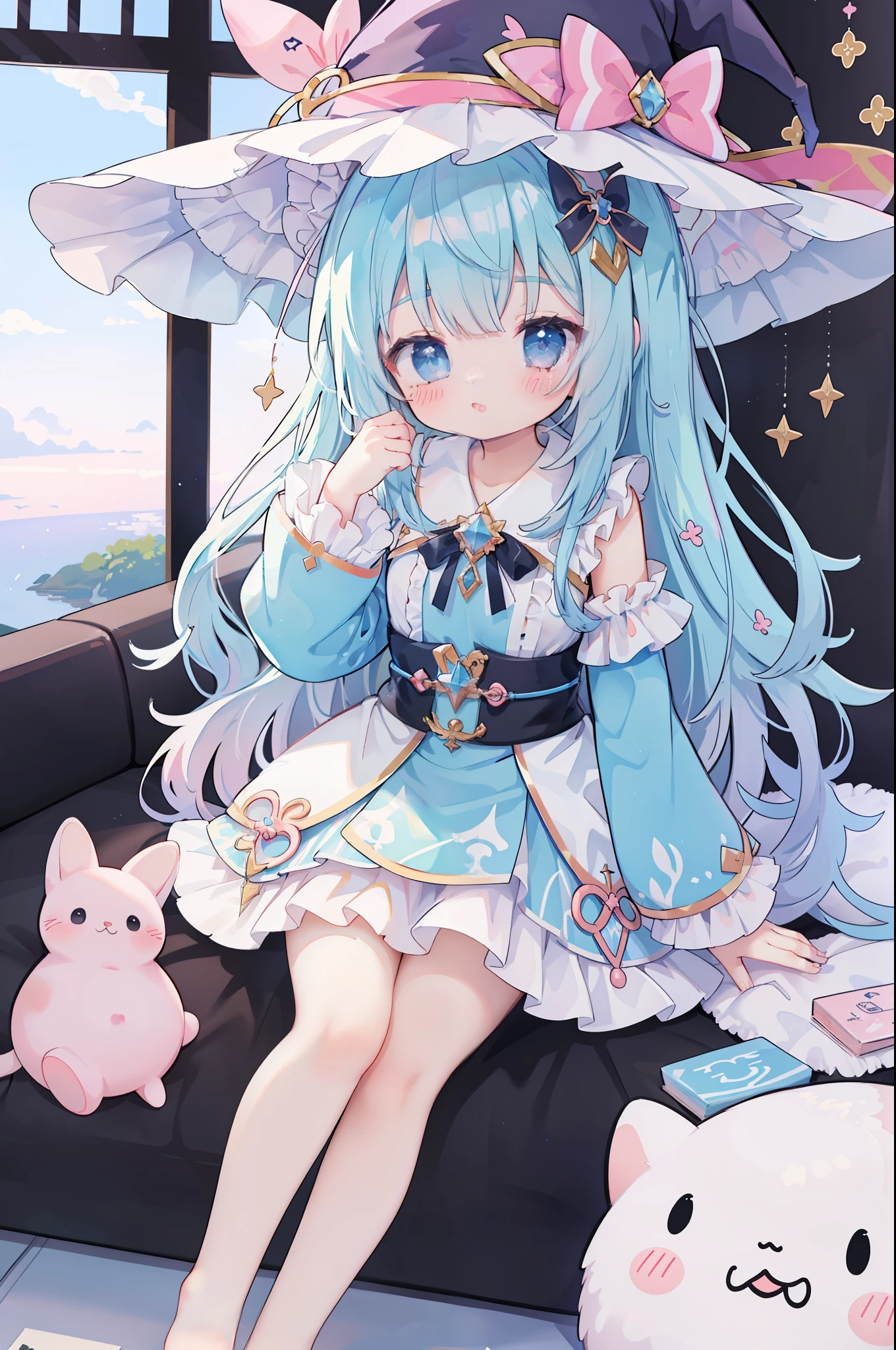 One Girl、（Light blue and pink 1:1）、cute little、Long、Wavy hair、​masterpiece、Top image quality、top-quality、witch outfit、witch's hat、A dark-haired、Very long hair、jitome