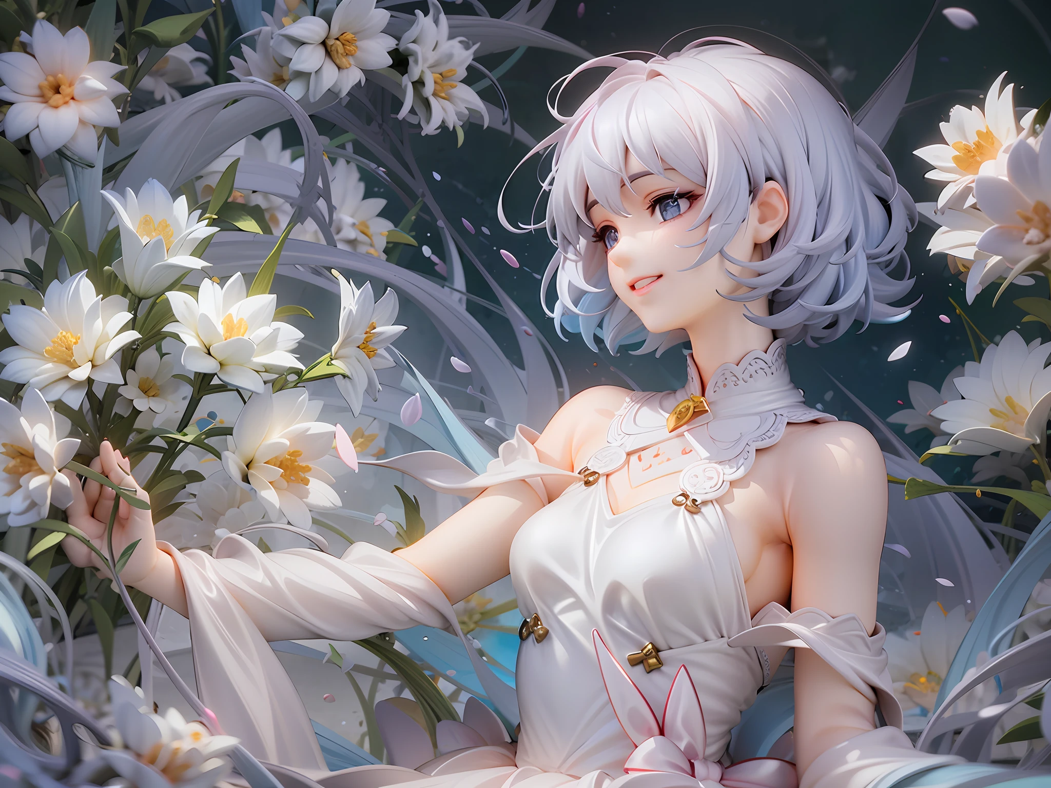 1girl, beautiful eye, smile, Rei Ayanami lookalike, upper body close-up, joyful expression, short, platinum hair glowing like moonlight, bunny ears poking out from her hair, white, elegant dress, simple yet refined design, platinum hair shimmering in the light, blue eyes gleaming with joy, pose holding a bouquet of flowers to her chest, simple background that accentuates her figure, light catching the petals of the flowers, enhancing their colors, subtle shadows playing on her face, adding depth to her features, the soft texture of her dress visible in the close-up, thin, delicate fingers gently cradling the bouquet, bunny ears adding an element of playfulness to her character, sense of joy and festivity surrounding her, the curve of her lips hinting at a gentle smile, fine lace detailing on the edges of her dress visible in the close-up, her hair, a radiant, celestial white that catches the eye, the contrast of her glowing hair against the simple background, the tender care with which she holds the bouquet, a soft glow surrounding her, creating an aura of celebration and joy, the pure white of her dress reflecting her innocent happiness, the simple elegance of her short haircut accentuating her delicate features, her eyes focused on the bouquet with an expression of contentment and gratitude, the soft and simple background enhancing her figure and the bouquet she holds, her radiant joy filling the scene, strands of her luminous hair catching the light, making it look as if they're woven from strands of moonlight.