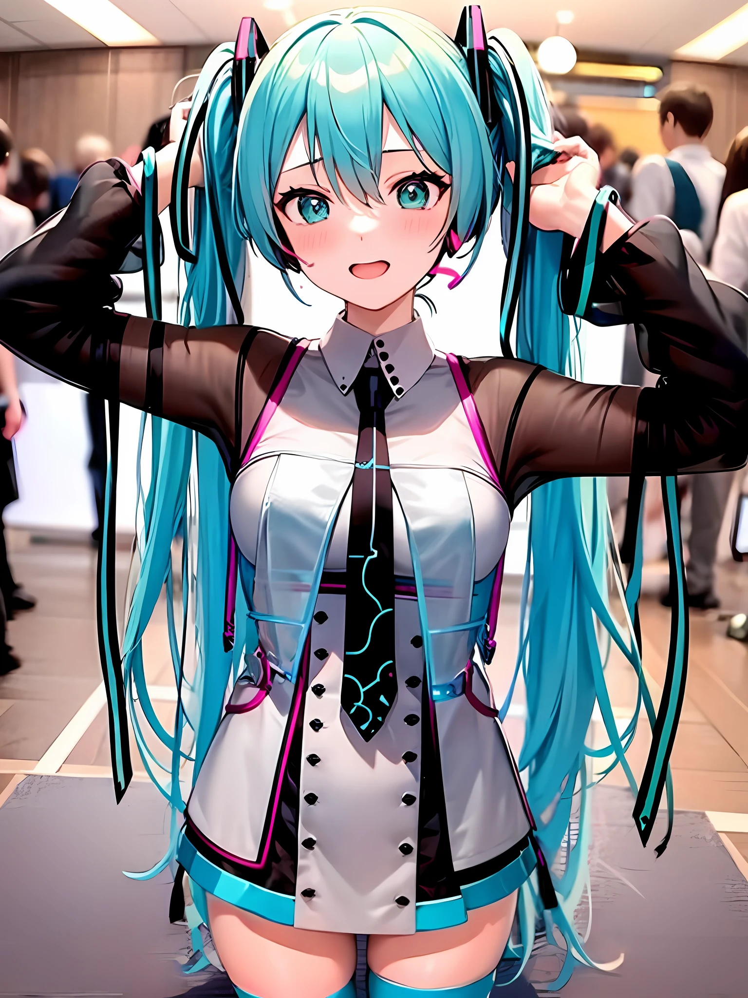 masterpiece, best quality, pov, crowd,1girl,hatsune miku,face mask,cosplay