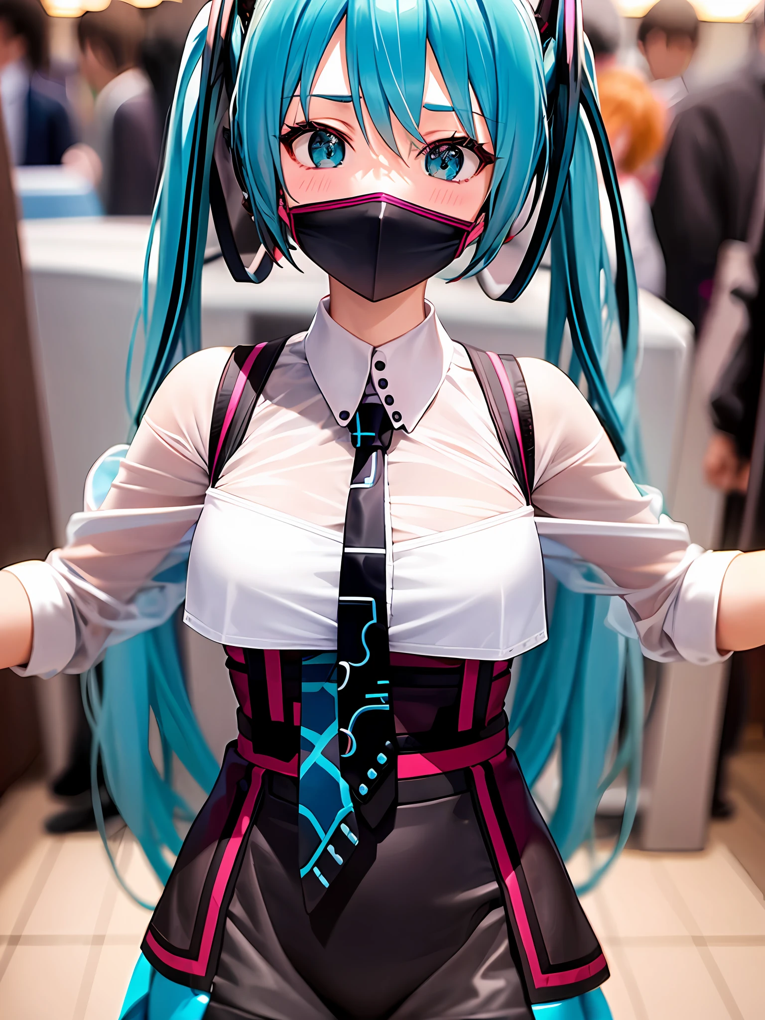 masterpiece, best quality, pov, crowd,1girl,hatsune miku,face mask,cosplay