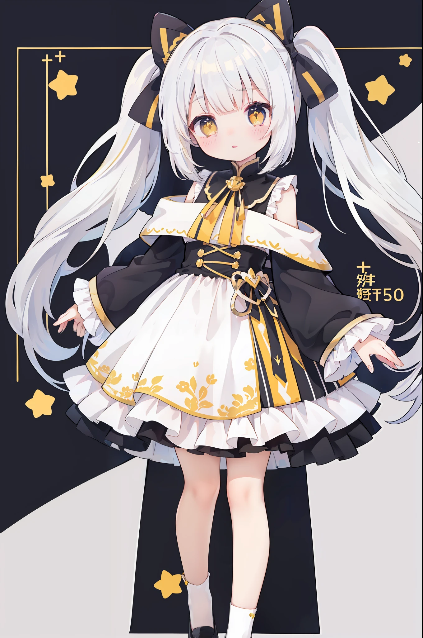 One girl、Twin-tailed、High twin tails、white  hair、Yellow eyes、cute little、Straight face、Pop backgrounds、​masterpiece、top-quality、Top image quality、8K、Shoulder Length Clothing、Ribbon on the back