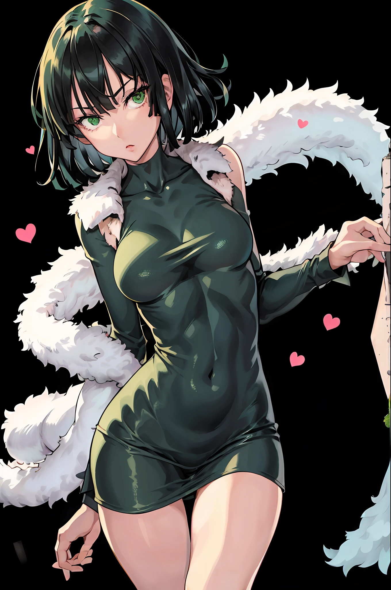 fubuki, 1girl, solo, short dress, fur coat, green eyes, looking at viewer, leaning forward, arms behind back, thigh gap, simple background, heart