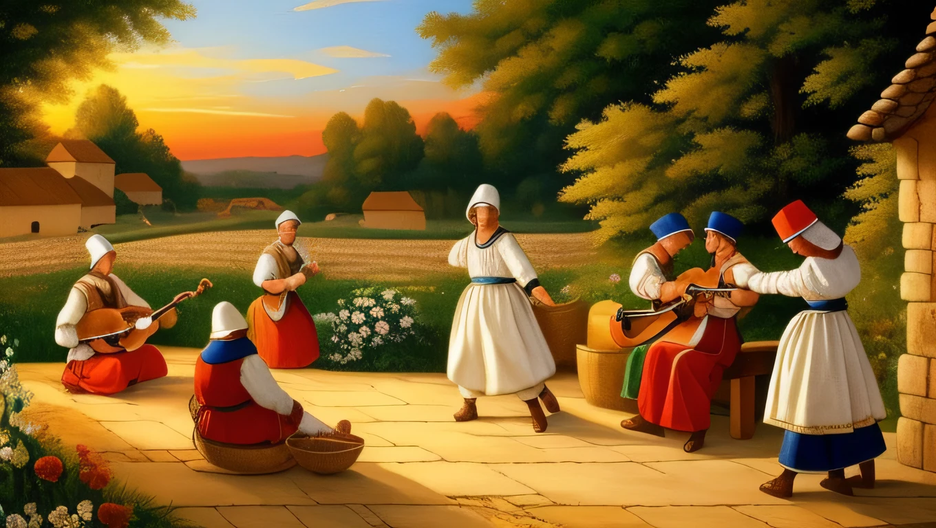 (((Peasant style painting))), Amazing image quality, Serenade at sunset, Grupo musical, tons quentes, Romantic Atmosphere.