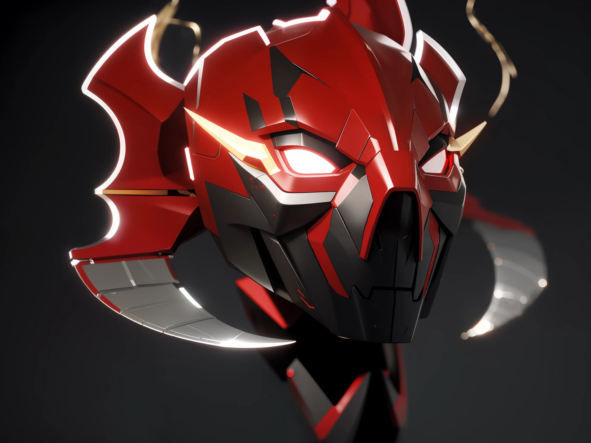It has a red and black mask on it，There is a red dragon on it, sharp sleek cyborg dragon head, demon samurai mask, villain wearing a red oni mask, sharp cyborg dragon head, sleek mecha female dragon head, rendered in octane render 32k, 3d 8k octan render, robot mecha female dragon head, 4 k octan render