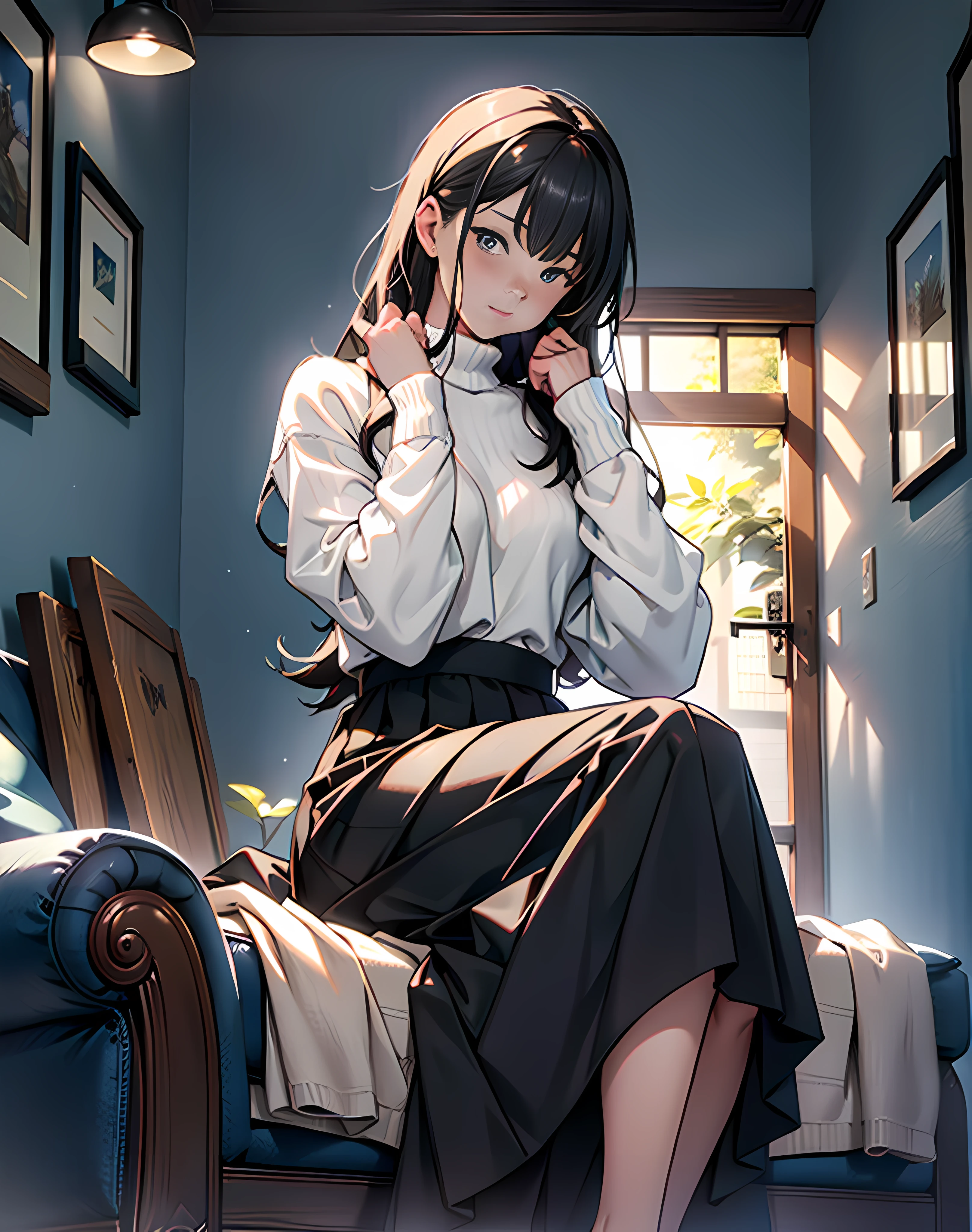 absurderes、hight resolution、ultra-detailliert)、(the Extremely Detailed CG Unity 8K Wallpapers、Beautifully Aesthetic:1.2)、(1girl in:1.3)、Lady、独奏、The upper part of the body、rcasual、It features a simple、Natural Fabric、Sit up、knit、long skirt、white shirt、Brownish、If you have a photo、Hold in hand、Plain clothe、a room、sit on sofa、Mystical lighting、Ethereal Atmosphere、dressed casually, Sweaters, tortoise、closed clothes、natural soft light、darker shadows、Living Loo、long skirt、pulling the hands up、an legs、