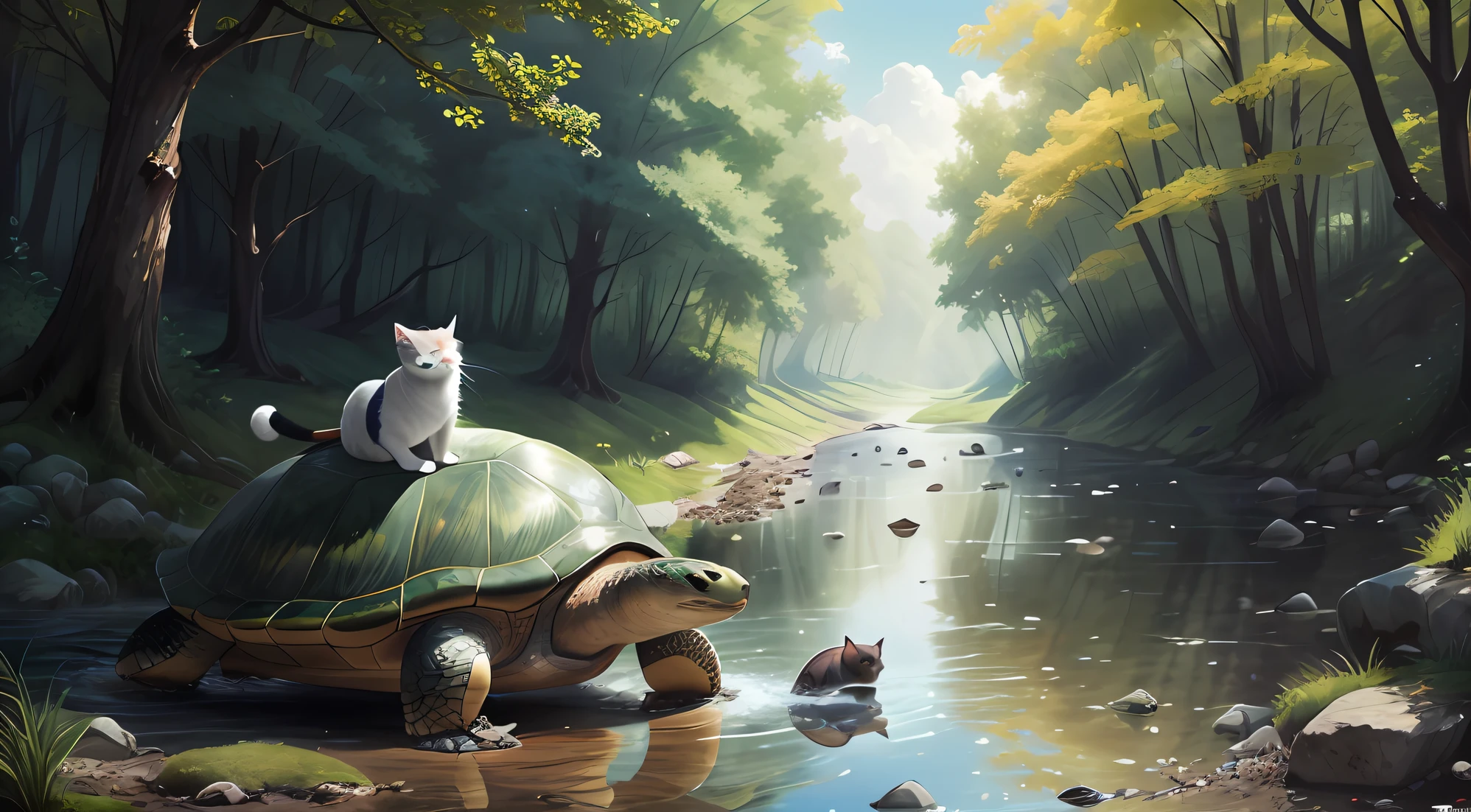 there is a cat riding on top of a turtle in the water, peaceful animals, realistic fantasy illustration, as an anthropomorphic turtle, realistic fantasy painting, peaceful looking animals, amazing wallpaper, anthropomorphic turtle hero, adorable digital painting, anthropomorphic turtle, by Alexander Kucharsky, a beautiful artwork illustration, realistic illustration, ultra realistic illustration