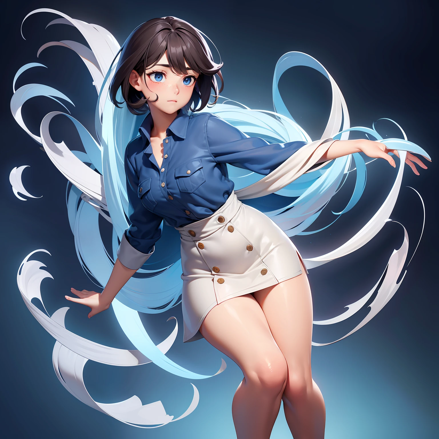 best quality, masterpiece, illustration, an extremely delicate and beautiful, extremely detailed ,CG ,unity ,8k wallpaper, Amazing, finely detail, masterpiece,best quality,official art, extremely detailed CG unity 8k wallpaper,l, huge filesize, ultra-detailed, highres, extremely detailed, extremely detailed eyes and face, beautiful detailed eyes, cute, expressive eyes, light blue upturned eyes, white button up, navy blue maxi skirt, thick long dark brown hair, freckles, attack on titan, full body, tan complexion, full body, triangle bang