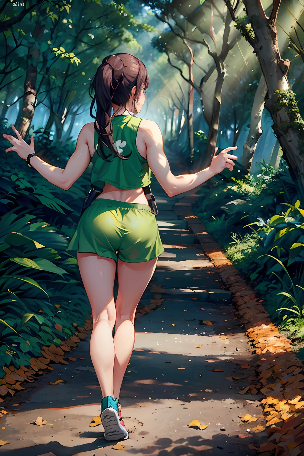 woman running on a dirt path in the woods with her arms outstretched, enjoying a stroll in the forest, walking around in a forest, walking away from the camera, walking around in forest, exposed thighs!!!, walking away from camera, girl walking in forest, walking upright in a forest, walking through a forest, walking through the forest, walking in the forest