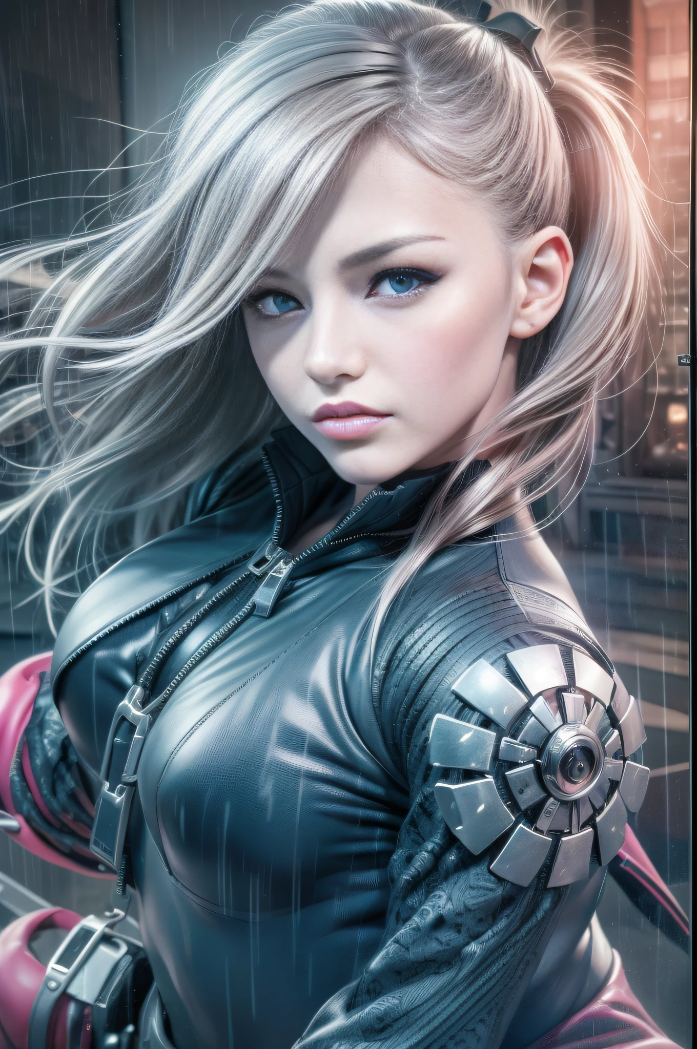 ((Best Quality, 8K, Masterpiece: 1.3)), Sharp Focus: 1.2, Beautiful Woman with Perfect Figure: 1.4, Slim Belly: 1.2, ((Layered Hairstyle, Room: 1.2)), (Rain, Street: 1.2), Wet Body: 1.1, Highly Detailed Face and Skin Texture, Fine Eyes, Double Eyelids, Cammy White, Street Fighter 6 Cammy white, (1girl), (left face scar), (28 years old, sexy mature), (vest line, slim waist, fitness figure), (blue jacket), (yoga pants), (hips), (big blue eyes, long eyelashes)), ((pout)), ((firm nose)), detailed face, best light, best shadow, edge lighting, dynamic action, clenched fists, streets of London bridge, daytime, ray tracing, Unreal Engine 5, game CG characters