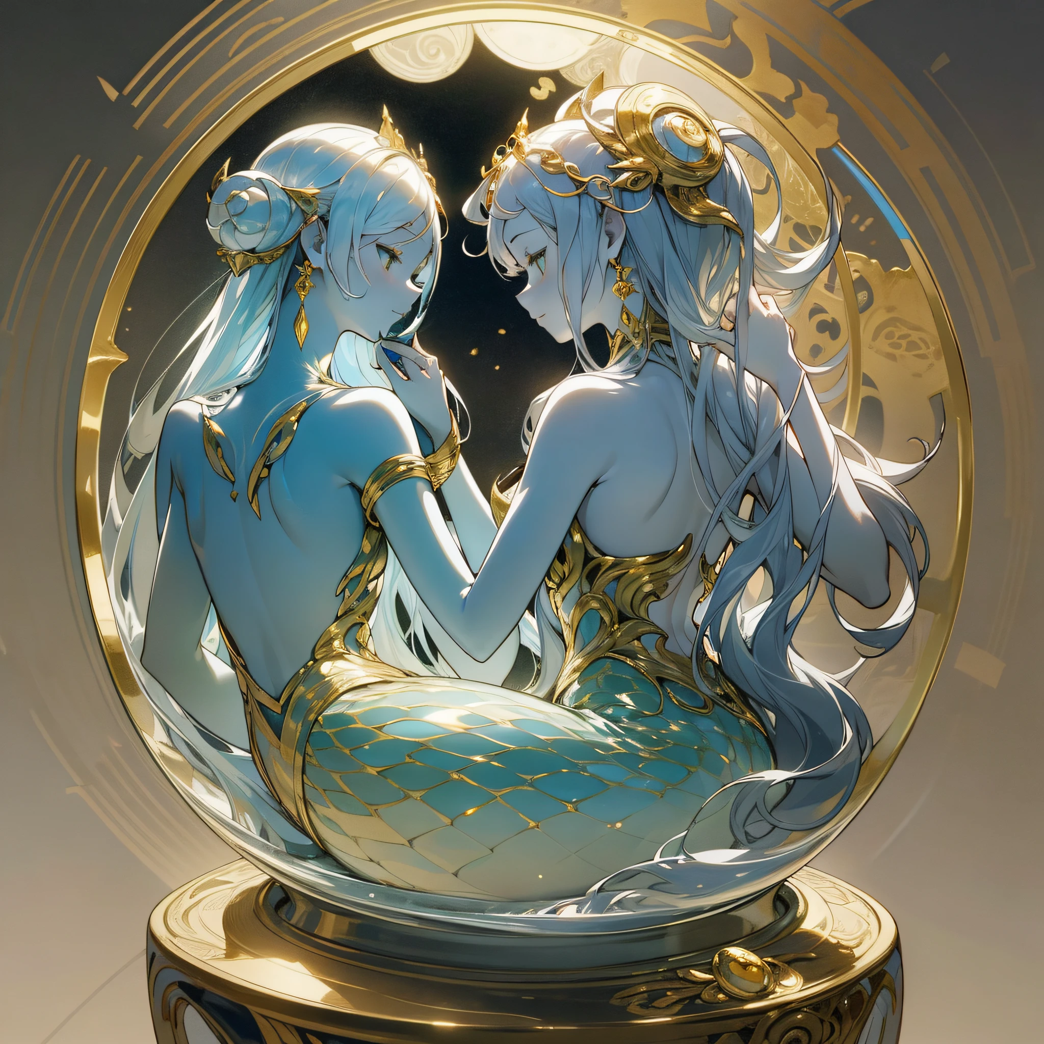 (maximum quality, exquisite design, better lighting, better shading), statue of 2 mermaids in the form of Yin Yang, inside a crystal ball, under the moon and the sun, detailed and realistic details, intricate, carved in gold and silver marble, shining with moonlight and sunlight, a perfect balance between light and dark, mystical and serene.