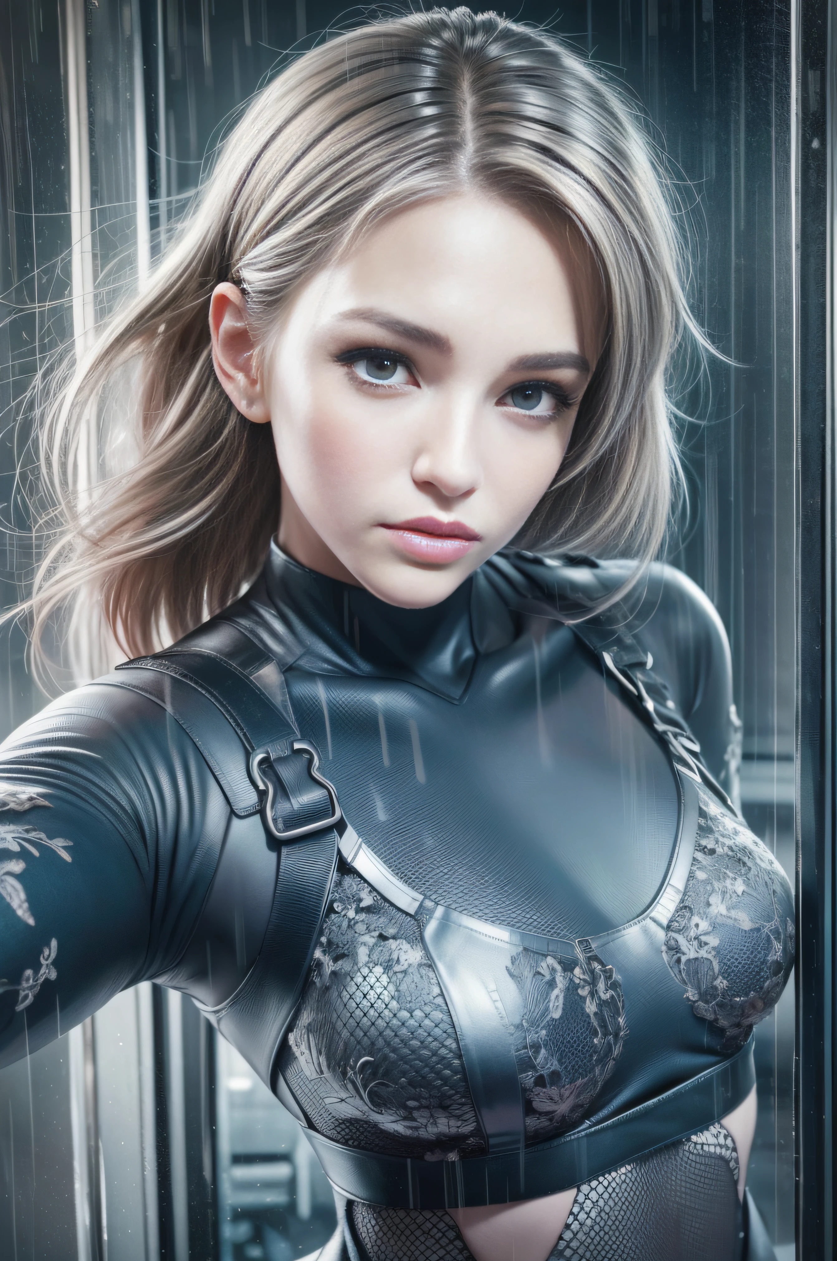 ((Best Quality, 8K, Masterpiece: 1.3)), Sharp Focus: 1.2, Beautiful Woman with Perfect Figure: 1.4, Slim Belly: 1.2, ((Layered Hairstyle, Room: 1.2)), (Rain, Street: 1.2), Wet Body: 1.1, Highly Detailed Face and Skin Texture, Fine Eyes, Double Eyelids, Cammy White, Street Fighter 6 Cammy white, (1girl), (left face scar), (28 years old, sexy mature), (vest line, slim waist, fitness figure), (blue jacket), (yoga pants), (hips), (big blue eyes, long eyelashes)), ((pout)), ((firm nose)), detailed face, best light, best shadow, edge lighting, dynamic action, clenched fists, streets of London bridge, daytime, ray tracing, Unreal Engine 5, game CG characters