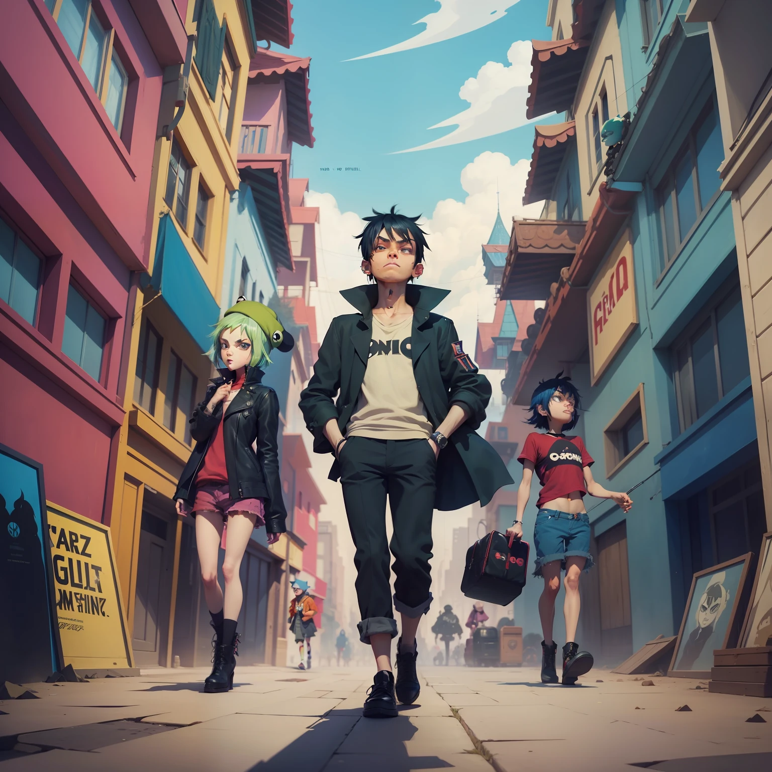 5 Gothic characters are in front of a blue sky, 3 men, 2 women, 2 D Gorillaz, Gorilla, Gorilla style, Gorillaz Art, Gorillaz Phase 1, Gorillaz album cover, Director: Jamie Hewlett, 2 d anime, Jamie Hewlett Art, Murdoc Niccals |, Gorillaz and Daft Punk Records, inspired by Jamie Hewlett, 2D art cover