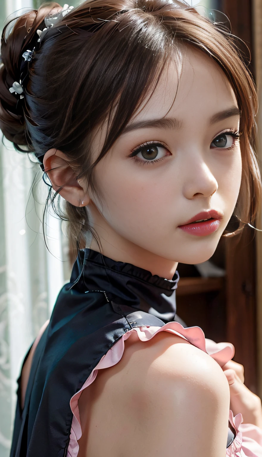 (Raw photography、top-quality)、(realisitic、Photorealsitic:1.3)、top-quality、masterpiece、extremely delicate and beautiful、A highly detailed、nffsw、A sense of unity、2k wallpaper、magnifica、Beautiful in every detail、masterpiece、浅笑、top-quality、Highly detailed ticker Unity 8K wallpapers、huge filesize、ultra-detailliert、hight resolution、ighly detailed、Female 1 Person、Slim body、D-cups、(Black Leotard Top:0.7)、(Pink skirt:1.2)、(Bun hair)、(brown haired)、Look at the front、Sharp Focus、Face Close-up、pureerosface_v1:0.8 Short Hair、
