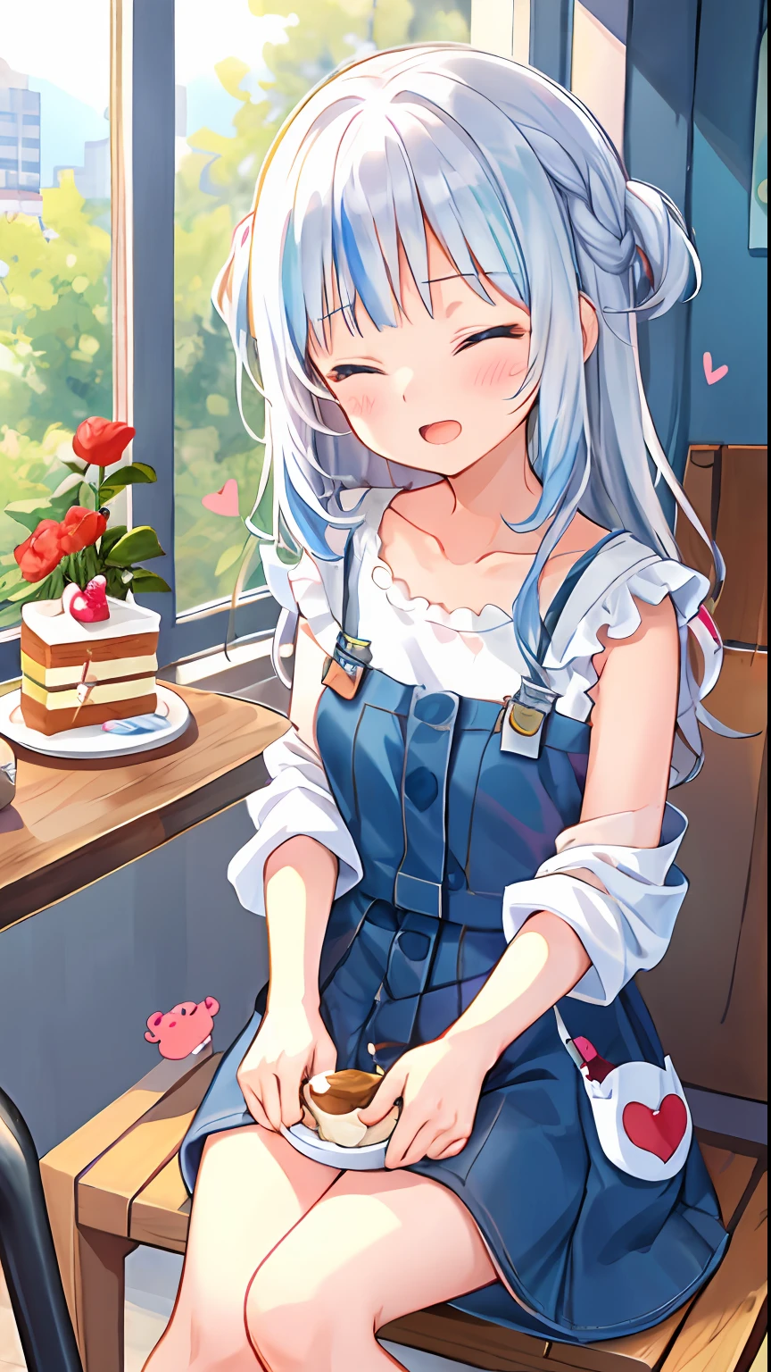 beautiful illustration, best quality, cute girl, cafe, sitting, parfait, cake, (spoken heart), happy, open mouth, close eyes, casual clothes, collarbone, long hair, putih hair