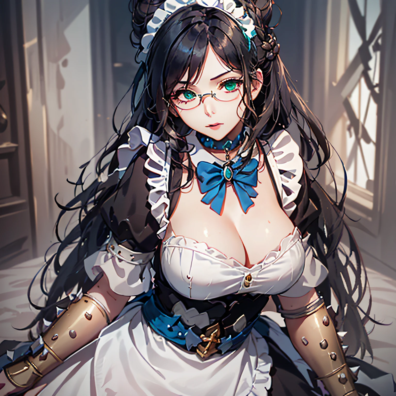 (1girl, yuri alpha:1.0), (anime overlord), (Waifu:1.4), (Maid_Dress), (64k, UHD, Raw photo, highes, Best Quality anime, mastepiece:2.0), (Ultra-fine depiction of details:3.0), (a serious, loyal, hard-working maid head, the vice-captain of the "Pleiades Six Stars", the battle maid squad of the Great Tomb of Nazarick), (a beautiful woman with an intelligent look), black hair, (elegant, vivid blue bowtie, ribbon:1.3), (green wristband), (She is equipped with highly elaborately designed, dark emerald green spiky gauntlets:1.5), (perfect face, perfect body, perfect figure, pink lips, slight blush), (cool, intellectual glasses), (slightly glowing blue eyes:1.3), (shiny sleek long hair, single hair bun, single braid bun, double bun), (silky, high-quality, majestic, gothic, ((low-key)), simple, maid dress:1.0), (vivid blue gothic style choker:1.3), (pure white maid apron:1.2), (gigantic saggy breasts, almost brimming out of maid dress:1.1), (sexy cleavage:1.1), inhouse, studying the orders issued by the master of [the Great Tomb of Nazarick, Ainz Ooal Gown], the room is filled with solemn atmosphere, (long shot, full body shot), (perfect lighting,)