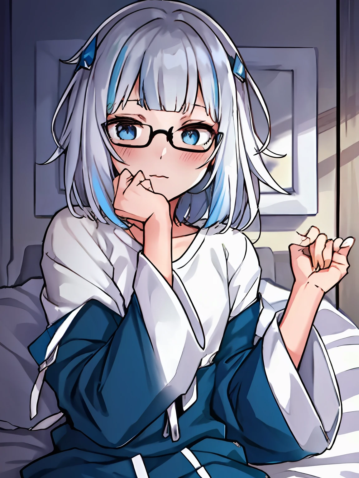 shauntal_pk, bob cut, blunt bangs, glasses, 1girl, blush, (oversized shirt:1.2), white shirt, off shoulder, lying, bed, side view, looking at viewer, ((masterpiece)), (((best quality))), highly detailed,extremely detailed CG unity 8k wallpaper, illustration, highres, beautiful detailed face, finely detailed background, (finely detailed beautiful eyes)