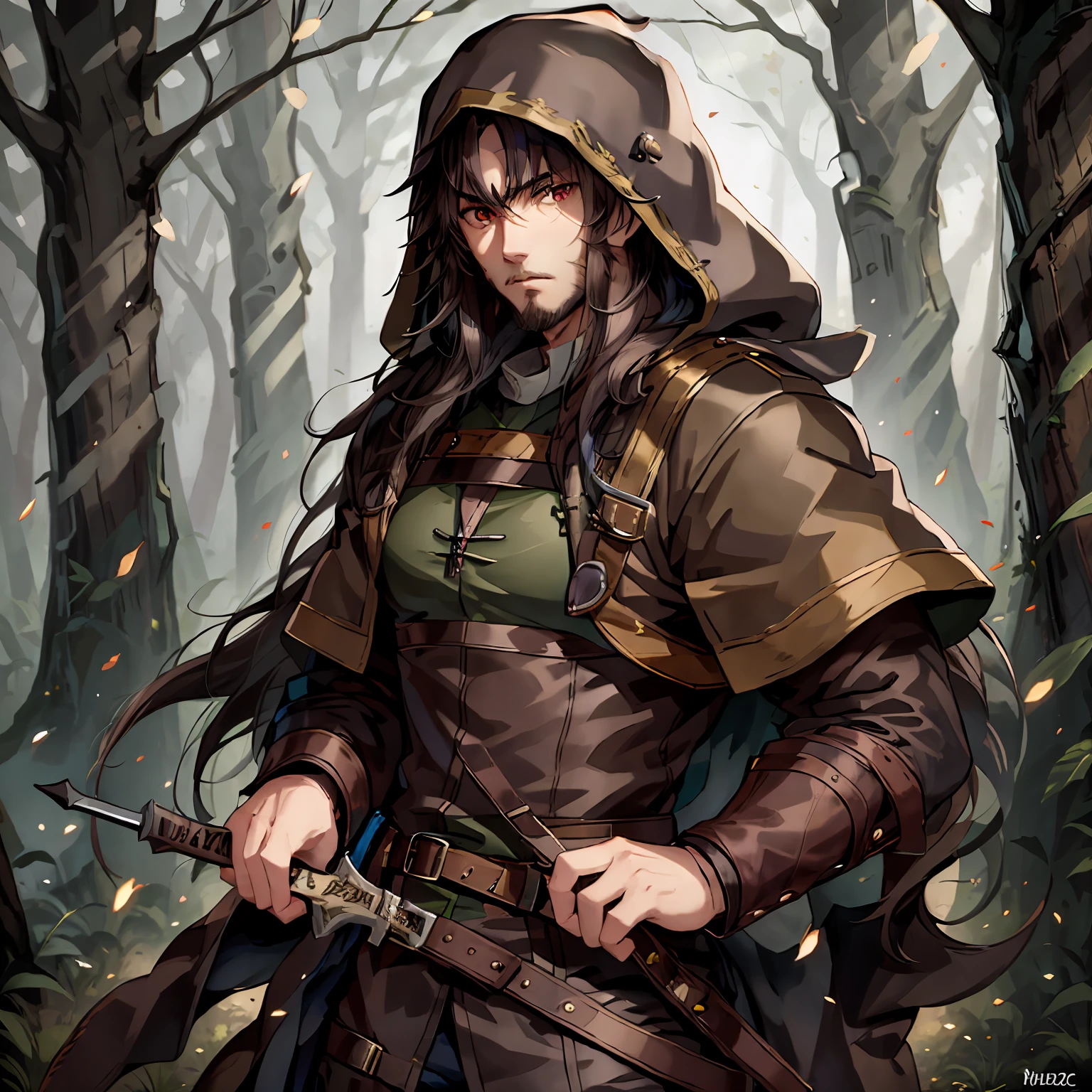 Man, long brown hair, bearded, medieval druid hunter, in the middle of a dense forest at night, hooded, medieval style, realistic, ultra detailed