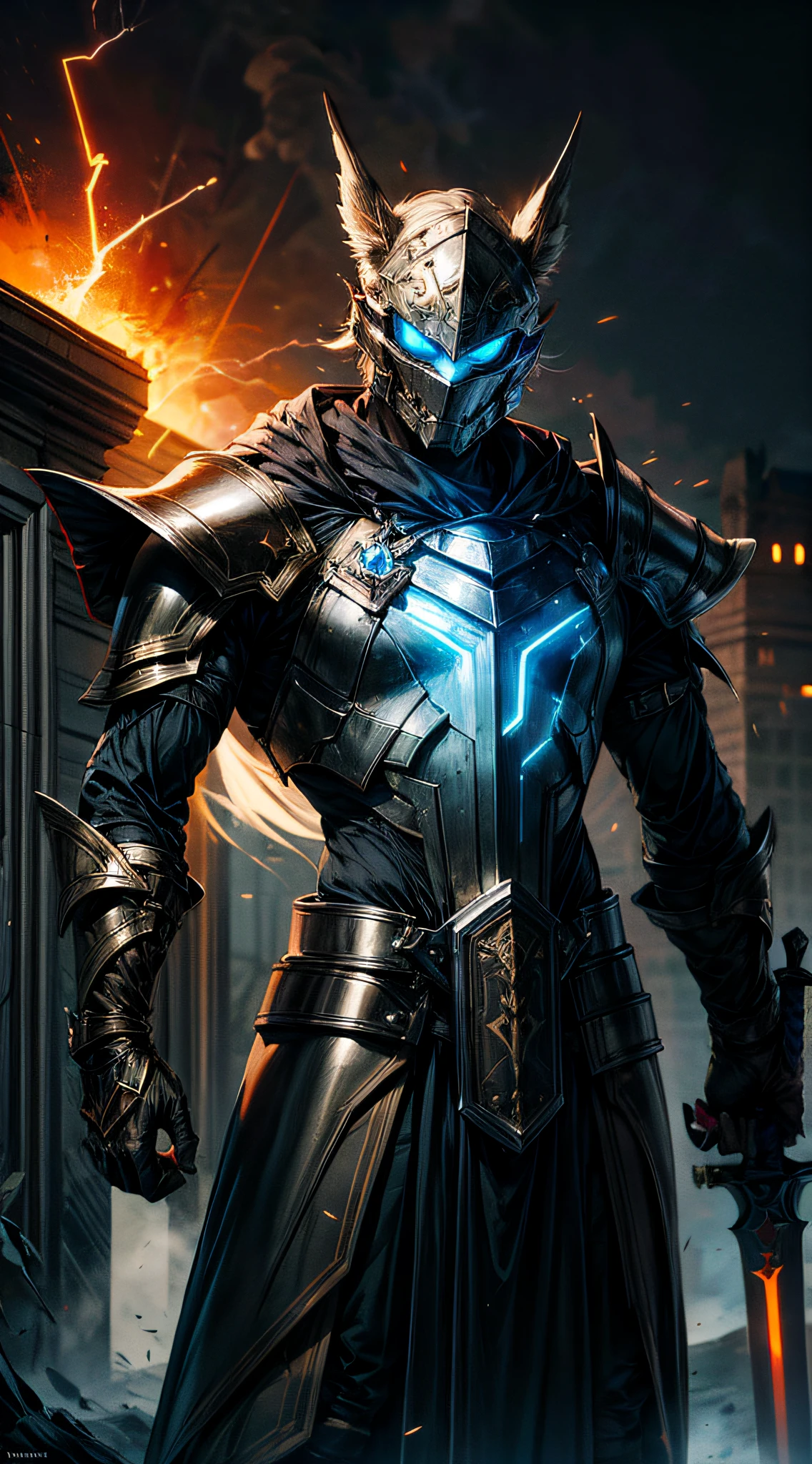 (16k, RAW photos, maximum quality, masterpiece: 1.2) 1man wearing robust black armor emitting tron circuit luminosity intricate to detail, helm with flaming red light coming out of his eyes an extremely murderous aura, supported with both hands on a giant sword, shining, well detailed \excalibur\ with gold and silver a powerful shining blade capable of splitting the earth in half, with writings carved with luminous details, the emanation of absolute power, generating sparks and steam around it passing this gigantic energy for the sword wielder, standing in the cemetery looking at the viewer as the fog spreads across the ground, (focus on the sword), extremely detailed image.