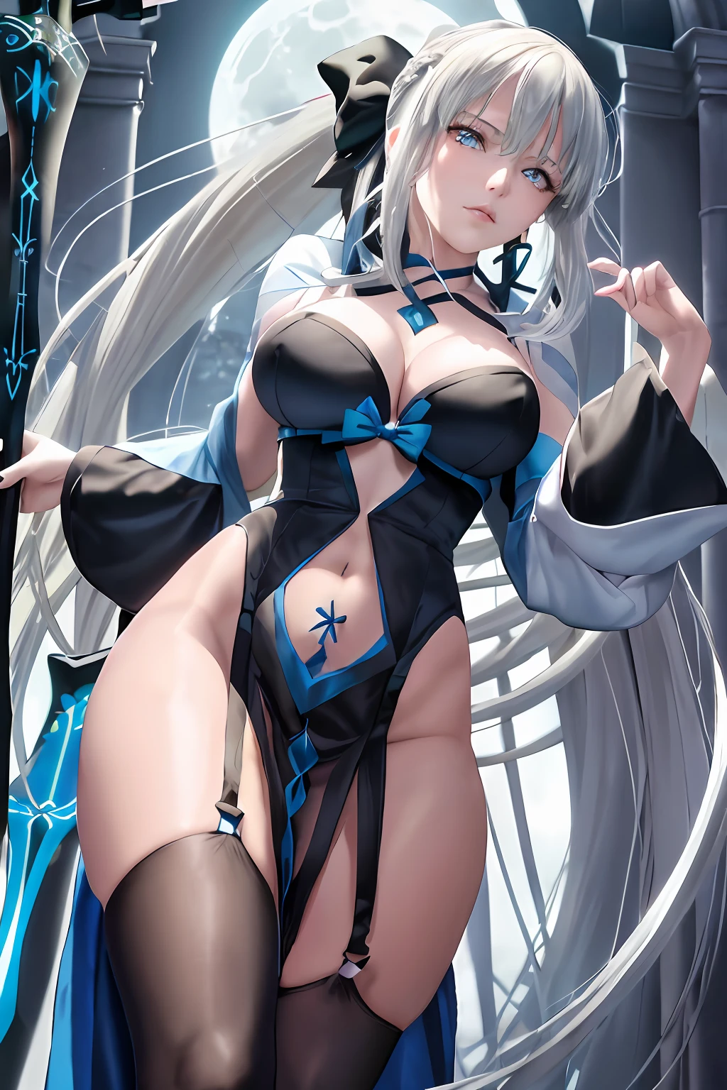 masterpiece, best quality,1girl, breasts, morgan le fay (fate), solo, blue eyes, long hair, ponytail, bow, braid, weapon, cleavage, very long hair, large breasts, black bow, looking at viewer, dress, hair bow, thighhighs, black dress, bangs, sidelocks, french braid, pelvic curtain, grey hair, moon