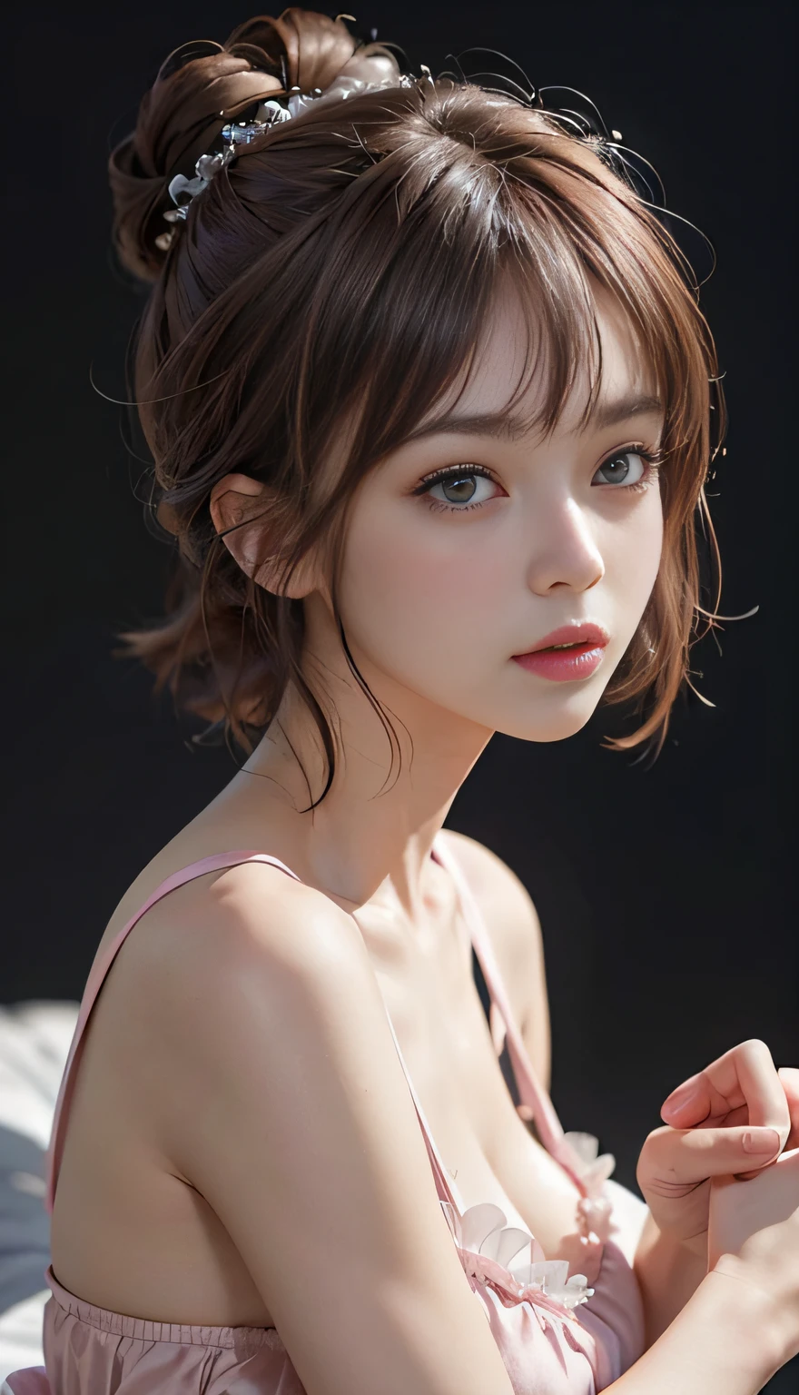 (Raw photography、top-quality)、(realisitic、Photorealsitic:1.3)、top-quality、masterpiece、extremely delicate and beautiful、A highly detailed、nffsw、A sense of unity、2k wallpaper、magnifica、Beautiful in every detail、masterpiece、浅笑、top-quality、Highly detailed ticker Unity 8K wallpapers、huge filesize、ultra-detailliert、hight resolution、ighly detailed、Female 1 Person、Slim body、D-cups、(Black Leotard Top:0.7)、(Pink skirt:1.2)、(Bun hair)、(brown haired)、Look at the front、Sharp Focus、Face Close-up、pureerosface_v1:0.8 Short Hair、