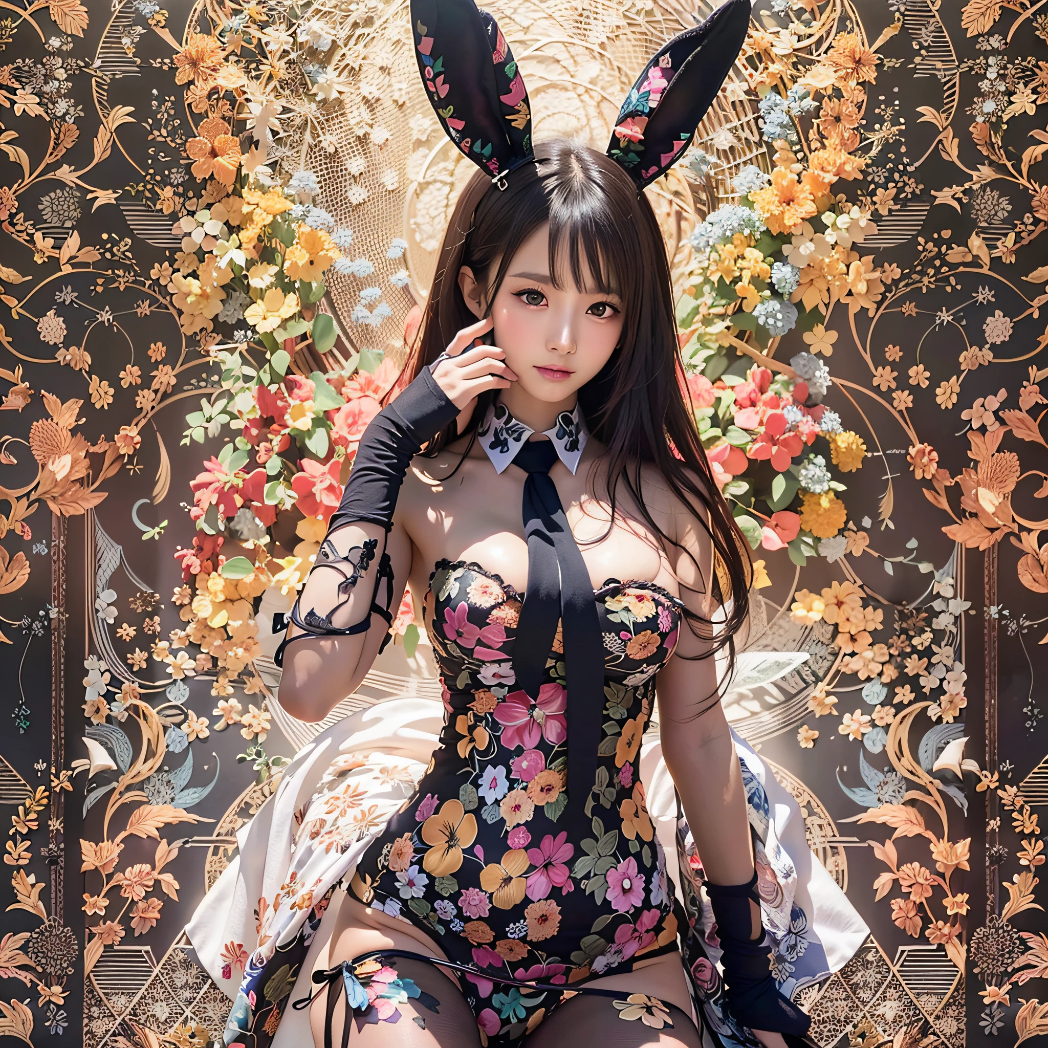 (Background, symmetrical, Compositions with coloful geometric arabesque patterns):1.3, (fullbody:1.3),  (poneyTail, dark brown hair), (top-quality, Photorealsitic:1.4, masterpiece:1.3, RAW Photography:1.2, cinematric light, very detailed illustration), (1woman:1.3, solo), (asian girl, ultra delicate face, ultra Beautiful fece, ultra delicate eyes, ultra detailed nouse, ultra detailed mouth, ultra detailed facial features), (black playboy bunny:1.37),  (medium breast:1.3), from the front side, skiny, lipgloss, Show cleavage