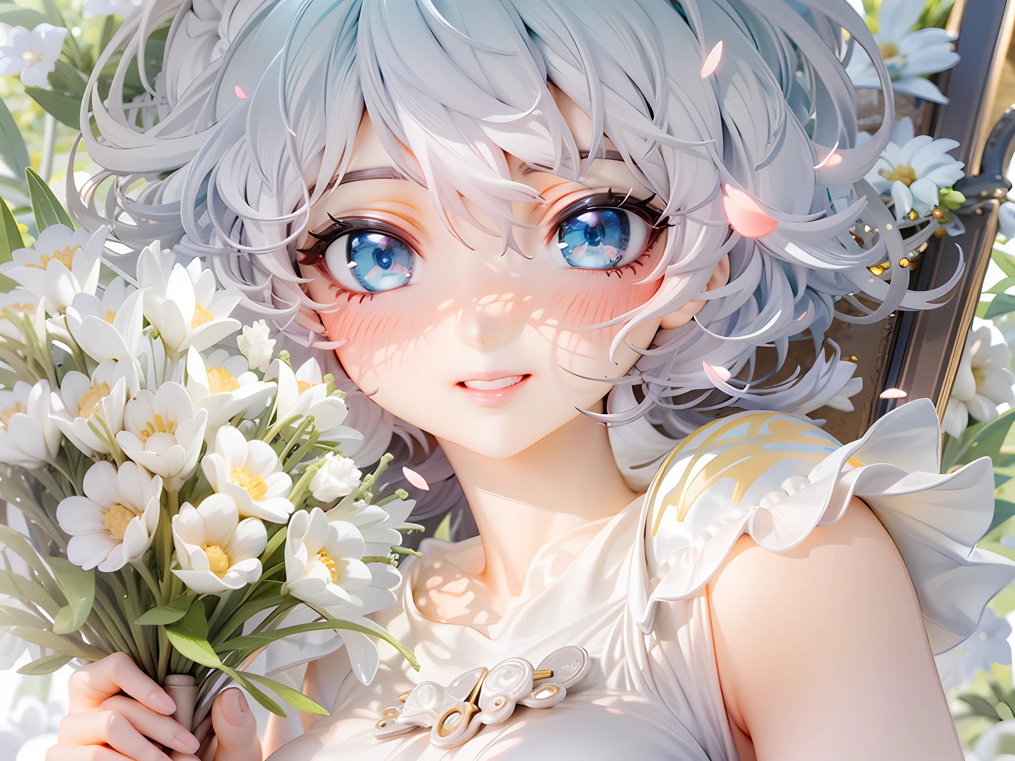 1girl, beautiful eye, smile, Rei Ayanami lookalike, upper body close-up, joyful expression, short, platinum hair glowing like moonlight, bunny ears poking out from her hair, white, elegant dress, simple yet refined design, platinum hair shimmering in the light, blue eyes gleaming with joy, pose holding a bouquet of flowers to her chest, simple background that accentuates her figure, light catching the petals of the flowers, enhancing their colors, subtle shadows playing on her face, adding depth to her features, the soft texture of her dress visible in the close-up, thin, delicate fingers gently cradling the bouquet, bunny ears adding an element of playfulness to her character, sense of joy and festivity surrounding her, the curve of her lips hinting at a gentle smile, fine lace detailing on the edges of her dress visible in the close-up, her hair, a radiant, celestial white that catches the eye, the contrast of her glowing hair against the simple background, the tender care with which she holds the bouquet, a soft glow surrounding her, creating an aura of celebration and joy, the pure white of her dress reflecting her innocent happiness, the simple elegance of her short haircut accentuating her delicate features, her eyes focused on the bouquet with an expression of contentment and gratitude, the soft and simple background enhancing her figure and the bouquet she holds, her radiant joy filling the scene, strands of her luminous hair catching the light, making it look as if they're woven from strands of moonlight.