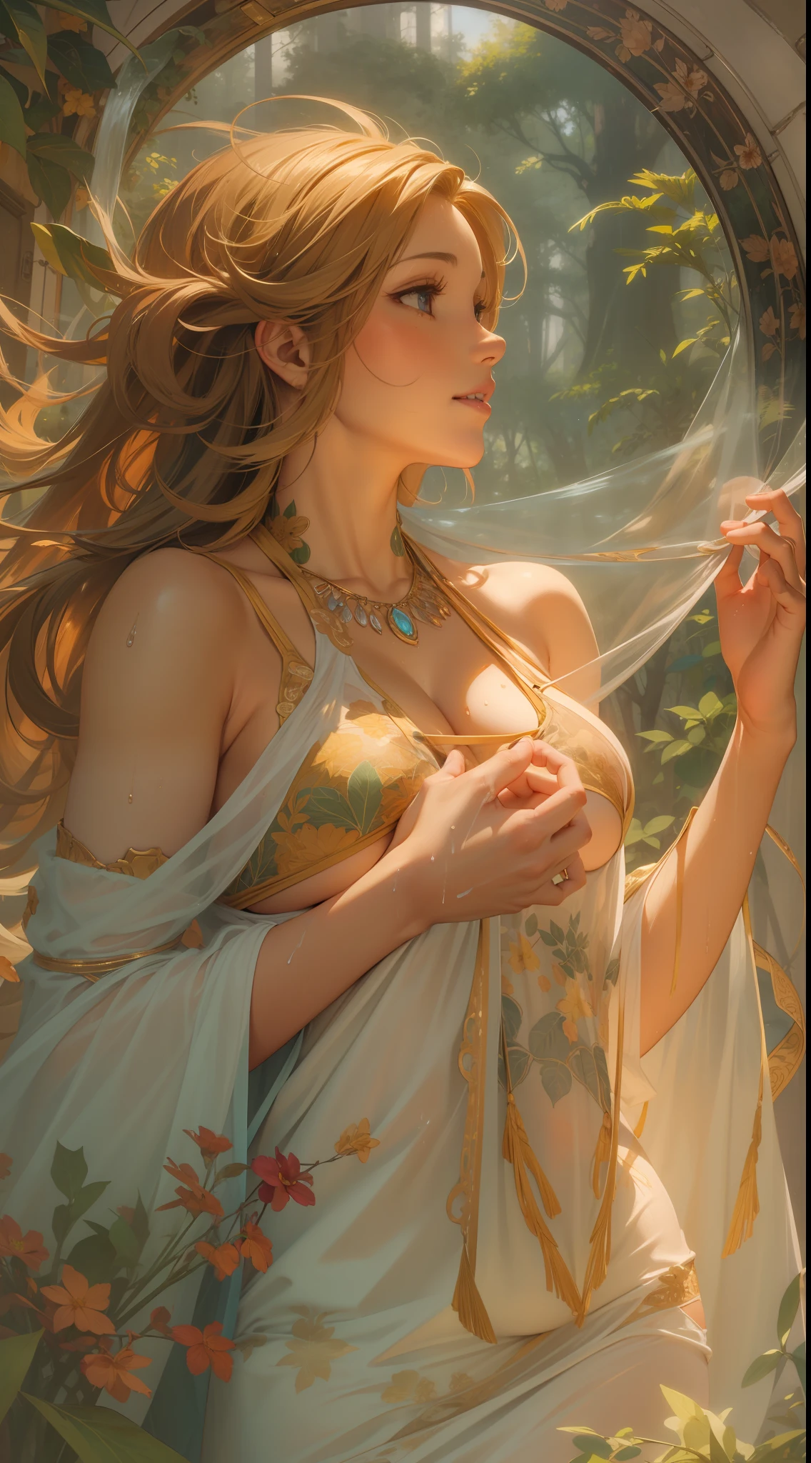 beautiful lady, Alphonse Mucha's style, light reflections, Oil painting, voluminetric lighting,sexy big breasts exposed，1female，36 years old，Huge breasts， 独奏， goddes， Wearing a tiny bikini，coniferous forest，  She has long flowing hair， Bare genitalia， standing on your feet，Bigchest，Wet straight hair，Sweat profusely，drenched all over the body，frontage， hair straight， mostly cloudy sky，（（（tmasterpiece），（Very detailed CG unity 8K wallpaper），best qualtiy，cinmatic lighting，detailed back ground，beatiful detailed eyes，Bright pupils，（Very fine and beautiful），（Beautiful and detailed eye description），ultra - detailed，tmasterpiece，）），facing at camera，A high resolution，ultra - detailed），beautifullegs，Very long hair，legs are open，Emotive expressions，Smile，Open-mouthed，Flushed complexion，Chest sagging，nakeness， Bulge，Expose the genitals，revealing breasts，Camel toes，with no underpants，extremely large bosom，Extremely colorful，Most detailed，fully body photo，The face is well lit