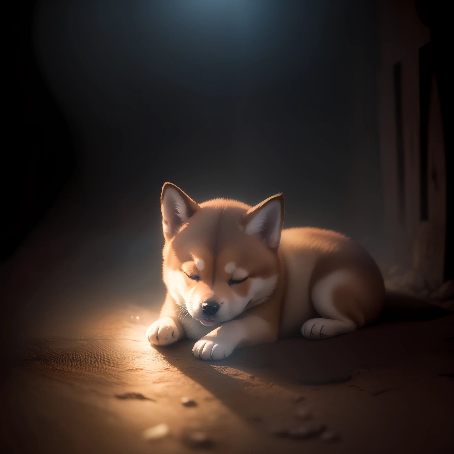 In a dimly lit dungeon、、Shiba Inu cute puppy is sleeping、Close-up photos、Volumetric fog、Halation、bloom、Dramatic atmosphere、central、thirds rule、200mm 1.4F Macro Shot、